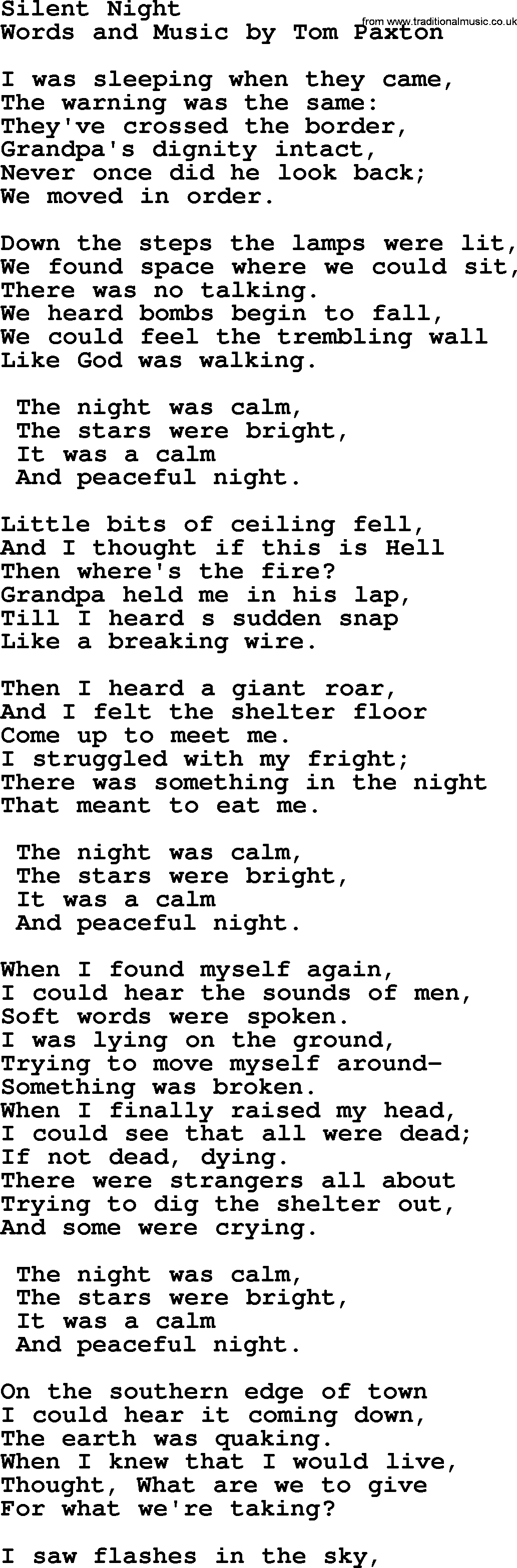 Tom Paxton song: Silent Night, lyrics
