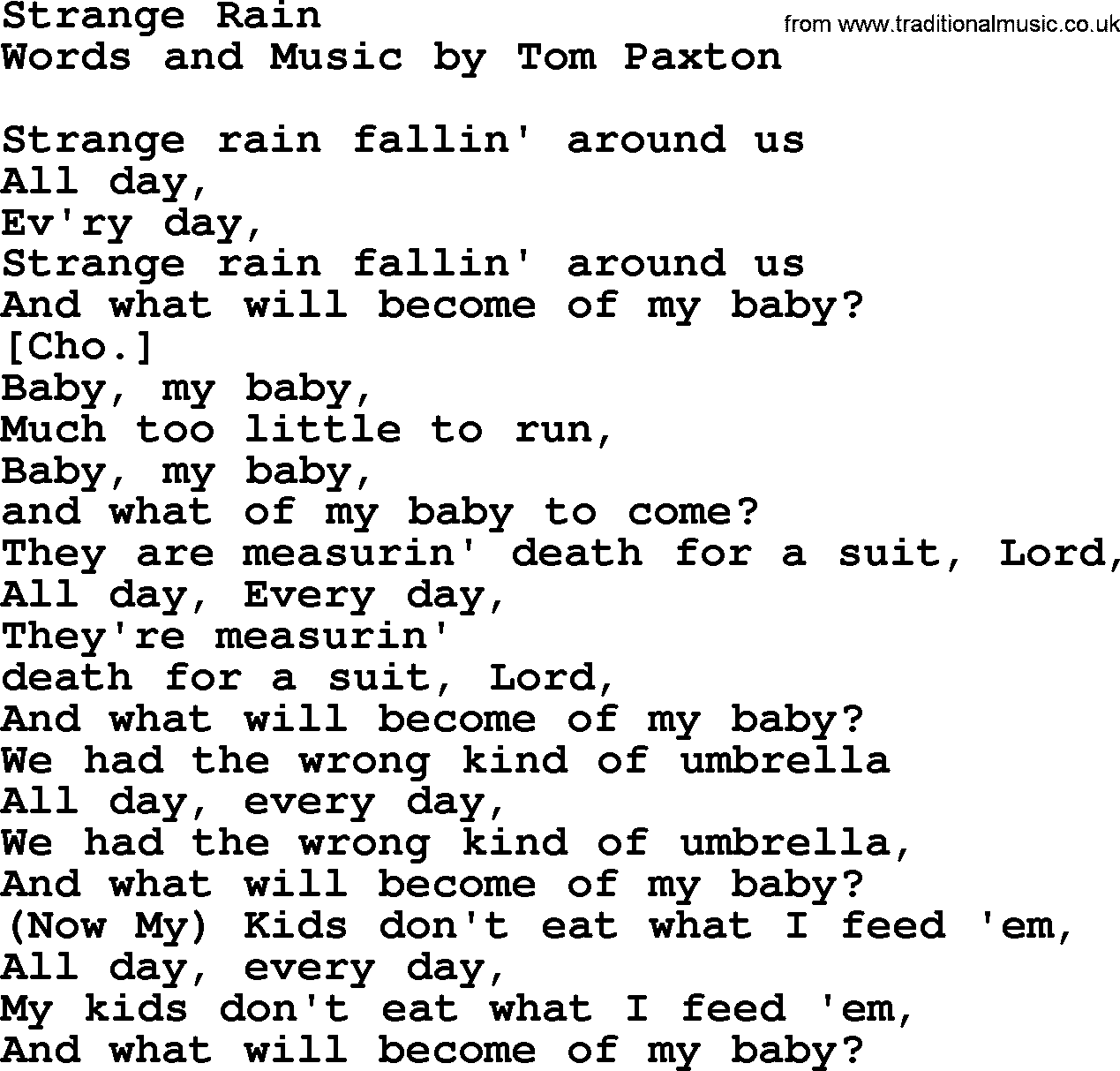 Tom Paxton song: Strange Rain, lyrics