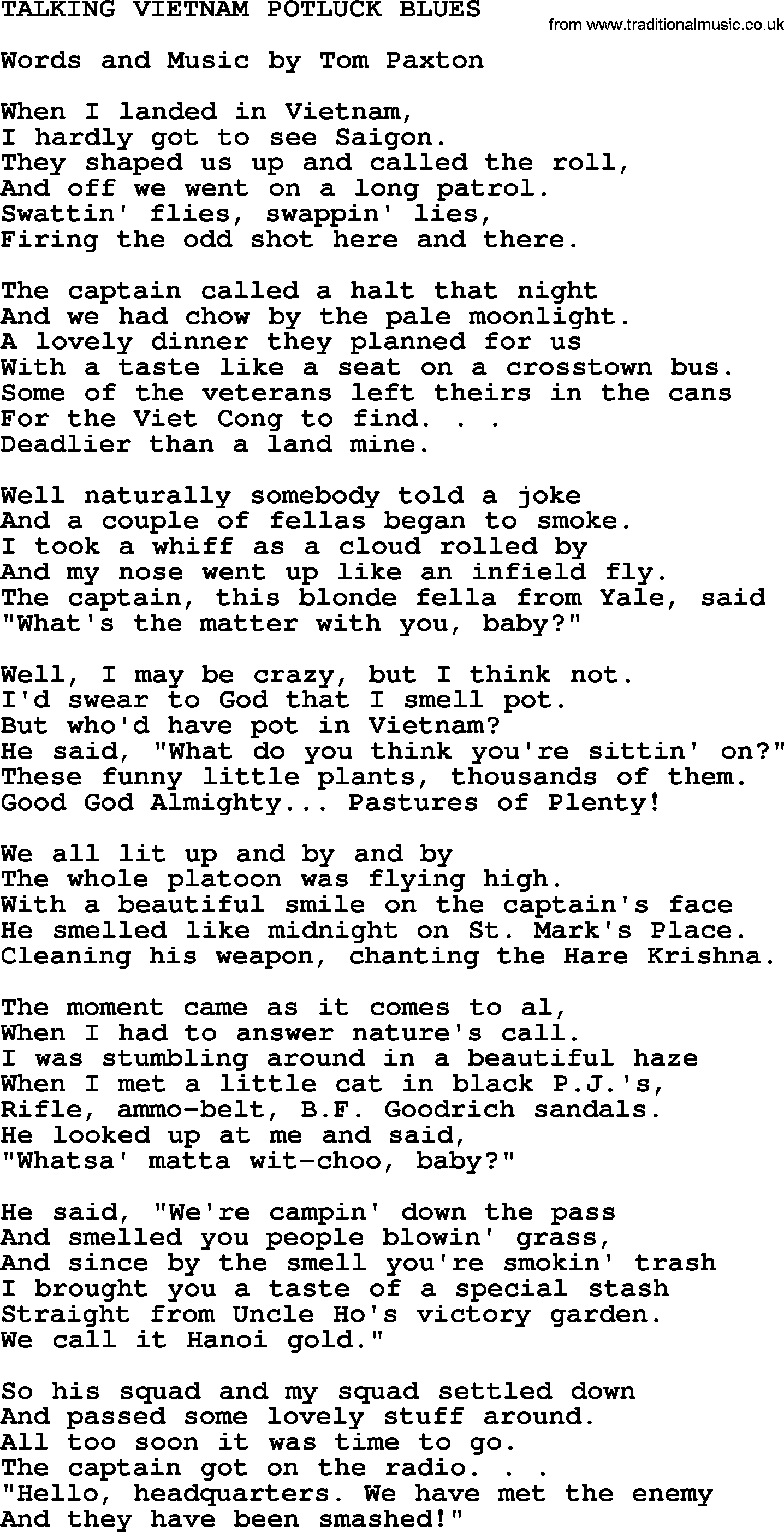 Tom Paxton song: Talking Vietnam Potluck Blues, lyrics