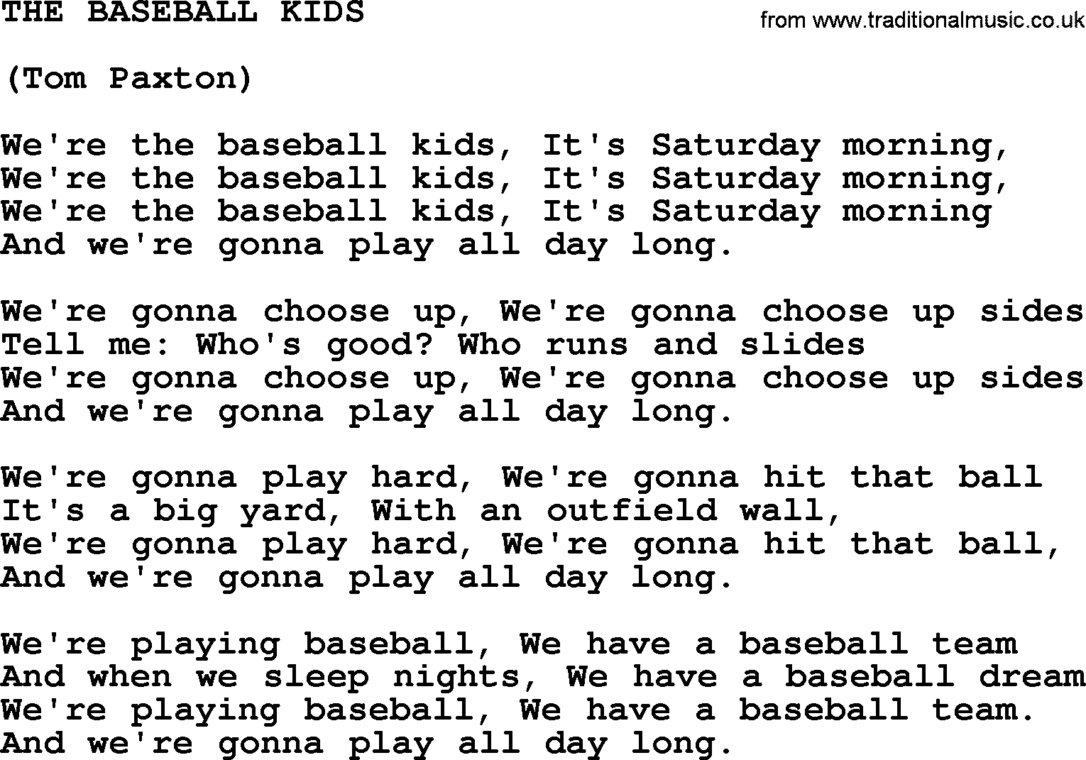 Tom Paxton song: The Baseball Kids, lyrics