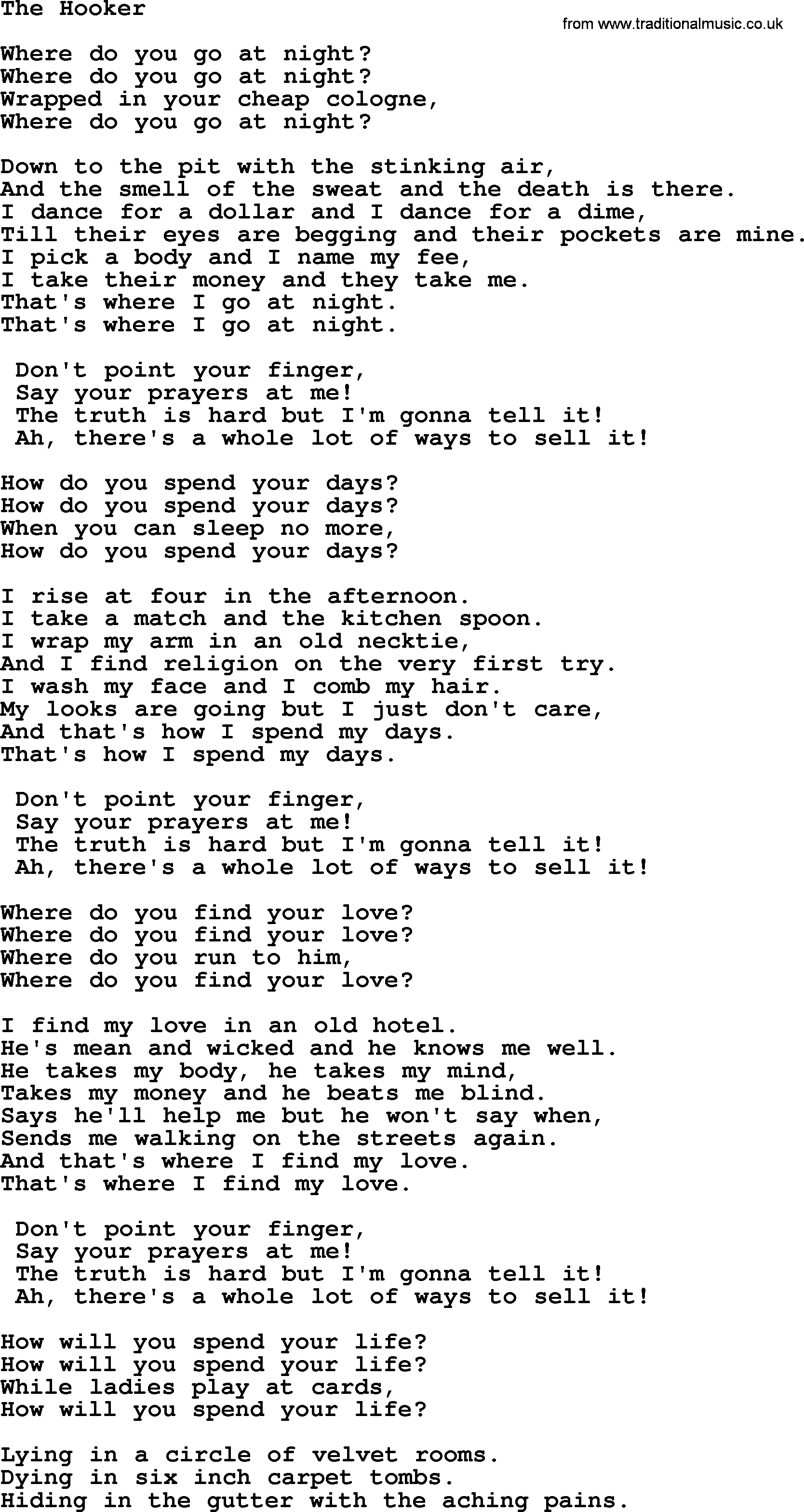 Tom Paxton song: The Hooker, lyrics