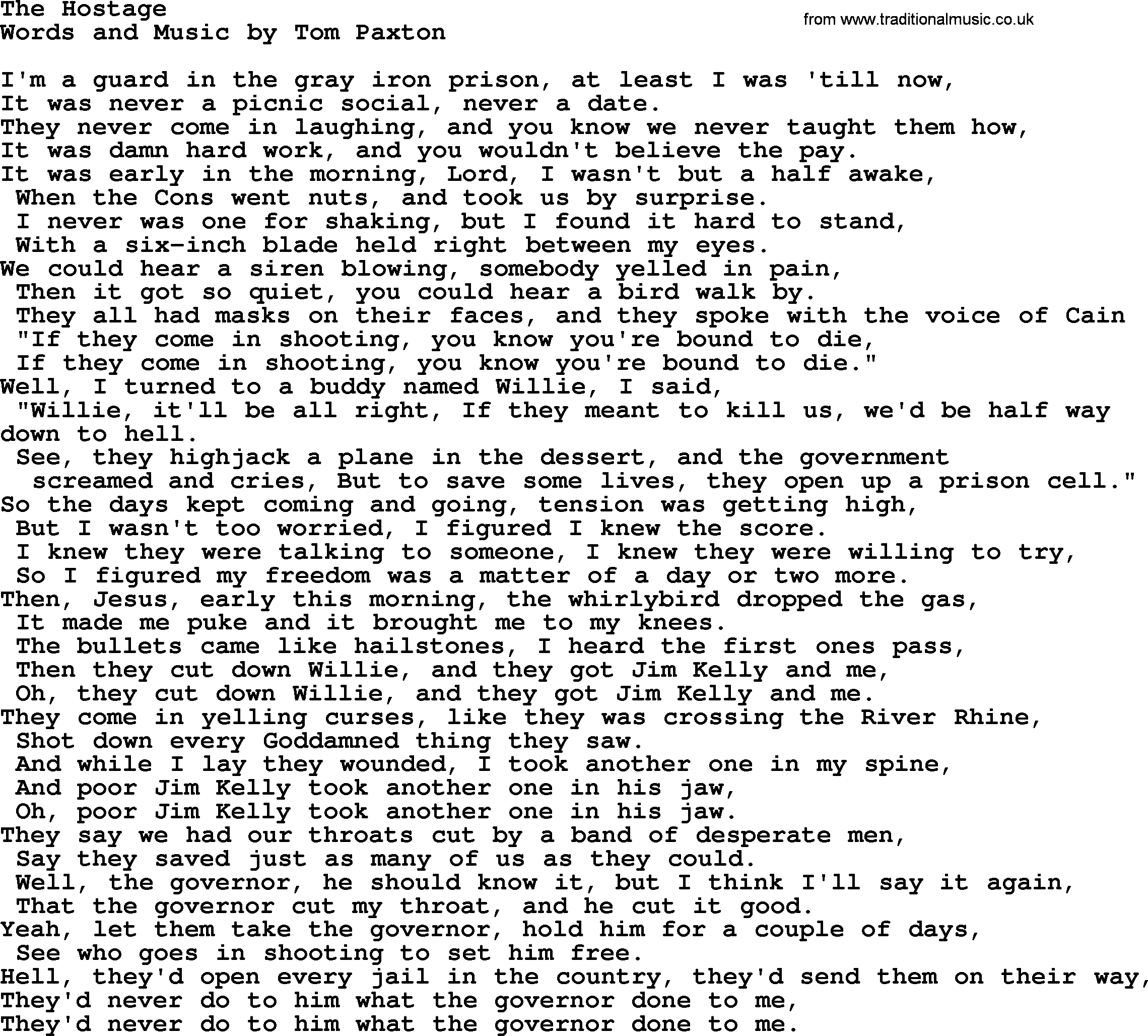 Tom Paxton song: The Hostage, lyrics