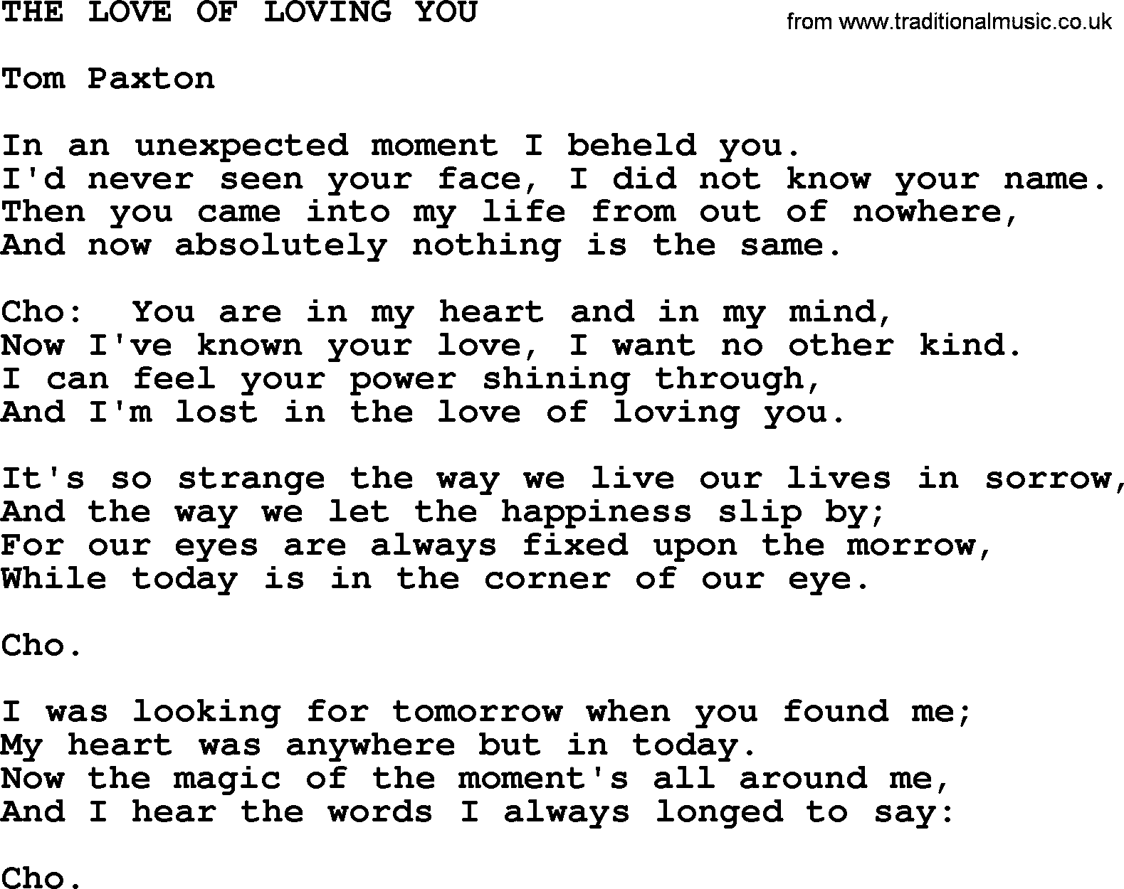 Tom Paxton song: The Love Of Loving You, lyrics