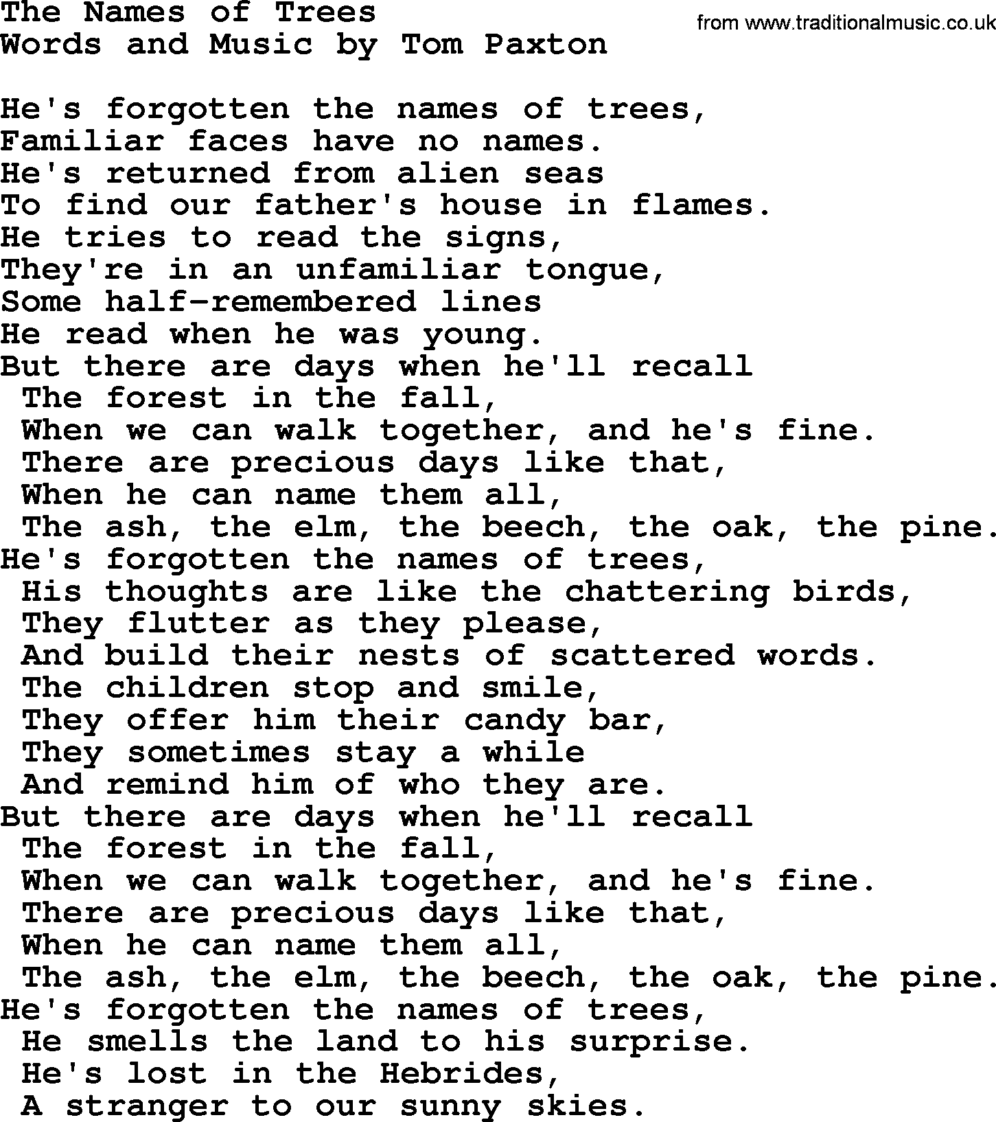 Tom Paxton song: The Names Of Trees, lyrics