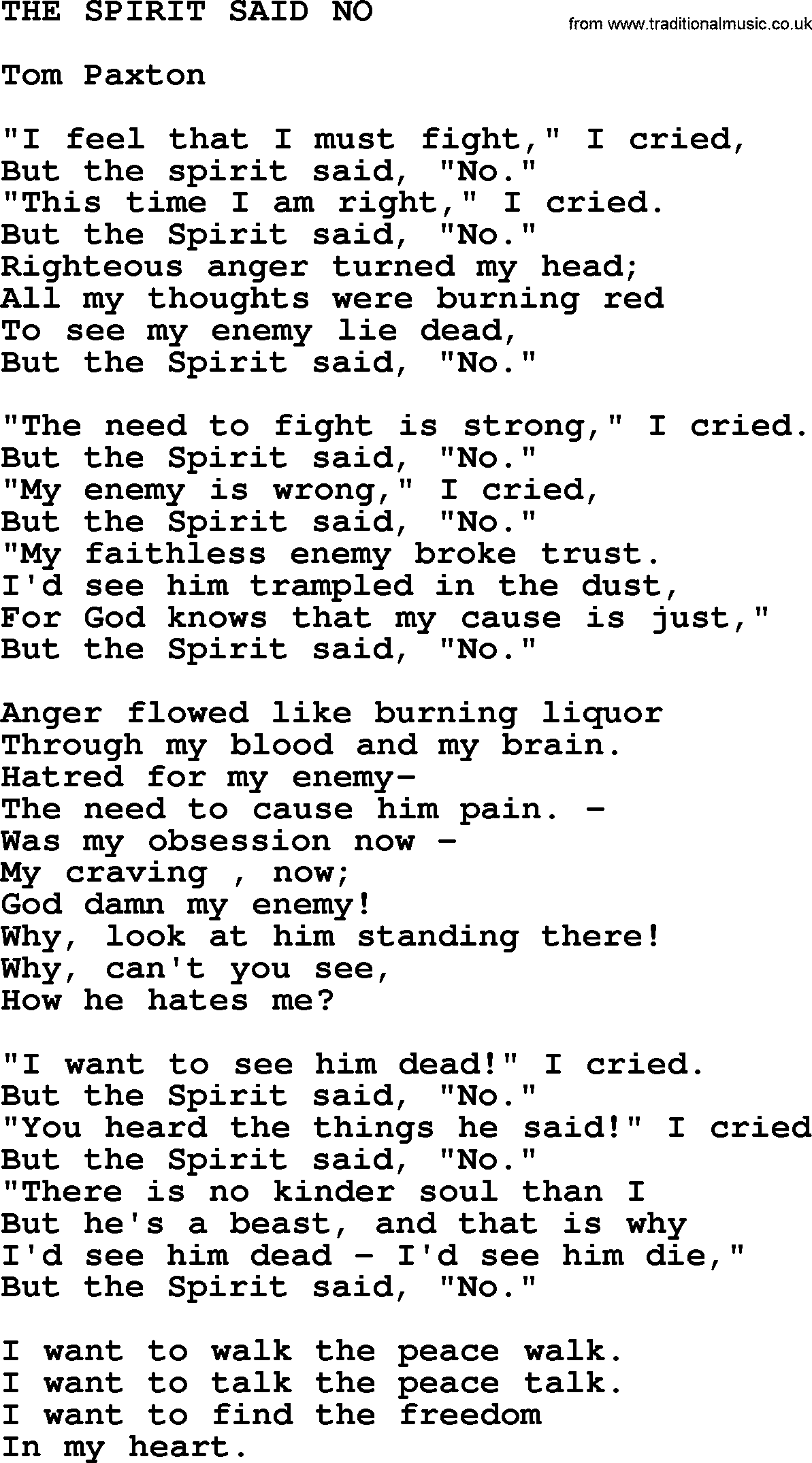Tom Paxton song: The Spirit Said No, lyrics