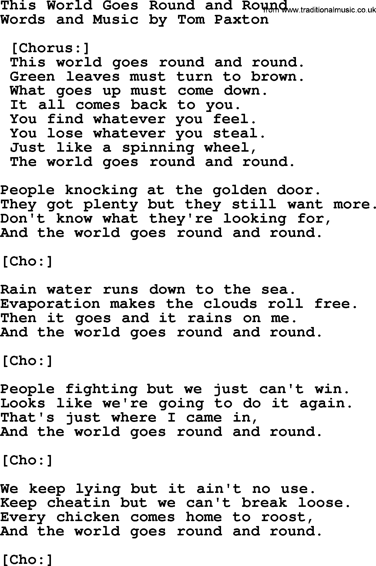 Tom Paxton song: This World Goes Round And Round, lyrics