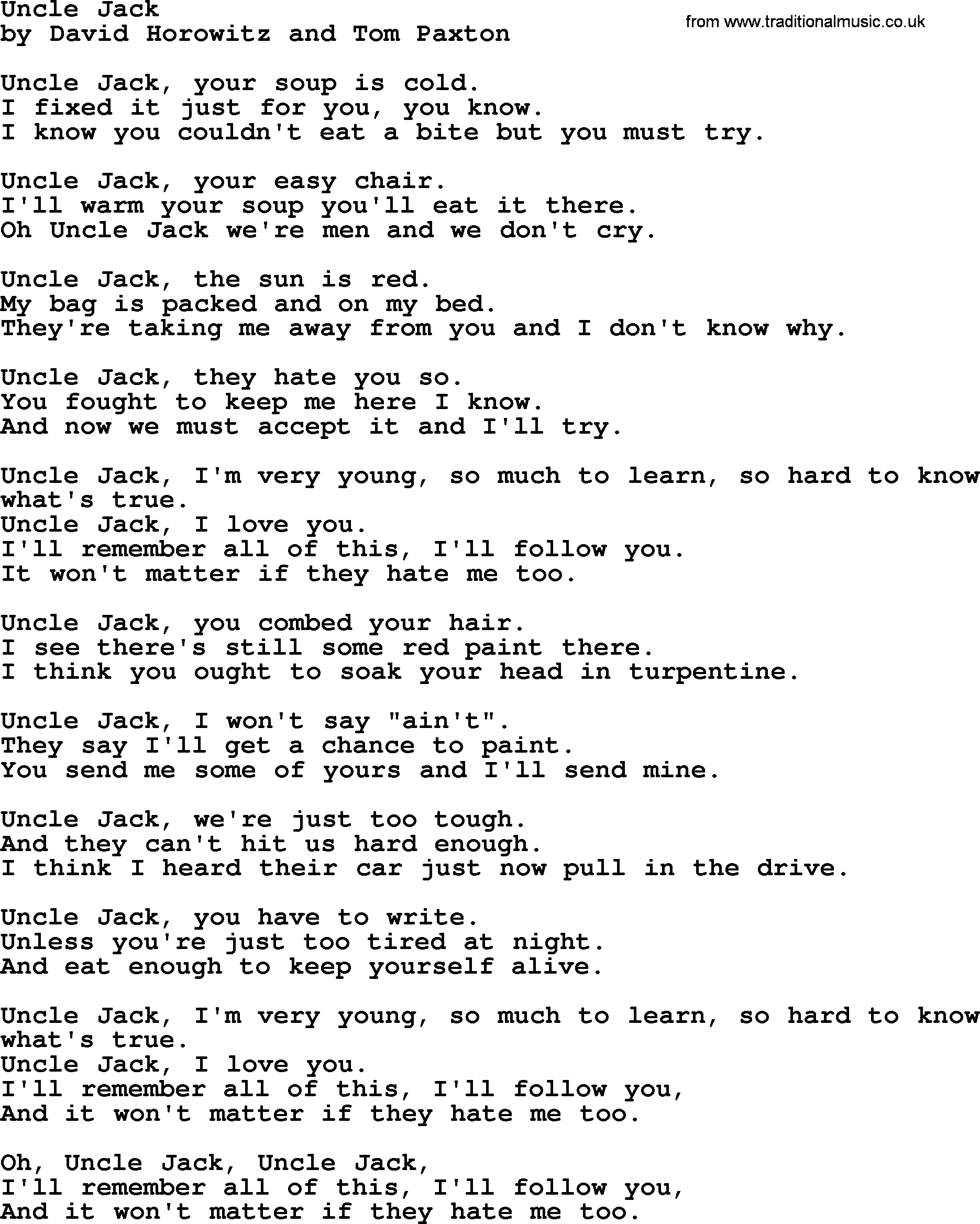 Tom Paxton song: Uncle Jack, lyrics