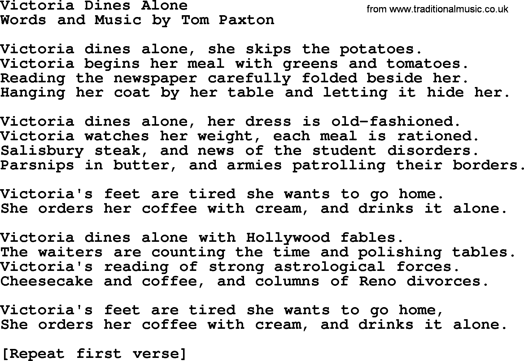 Tom Paxton song: Victoria Dines Alone, lyrics