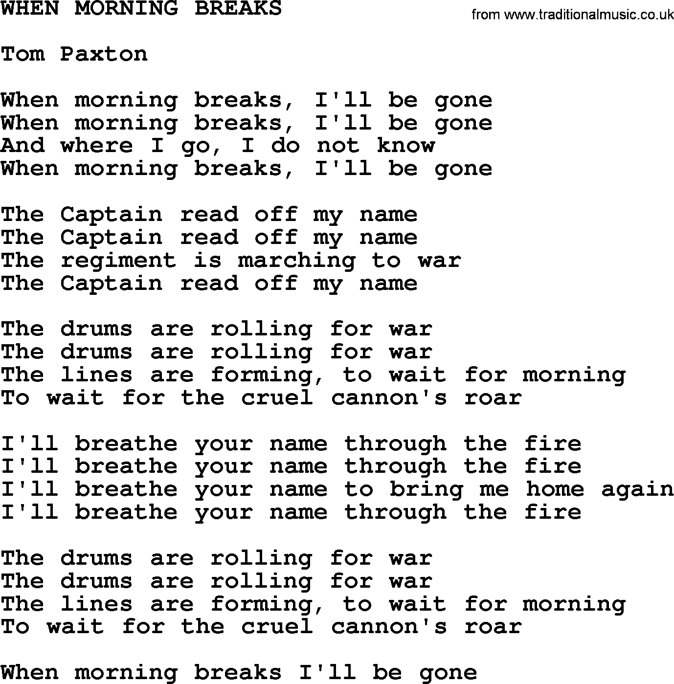 Tom Paxton song: When Morning Breaks, lyrics