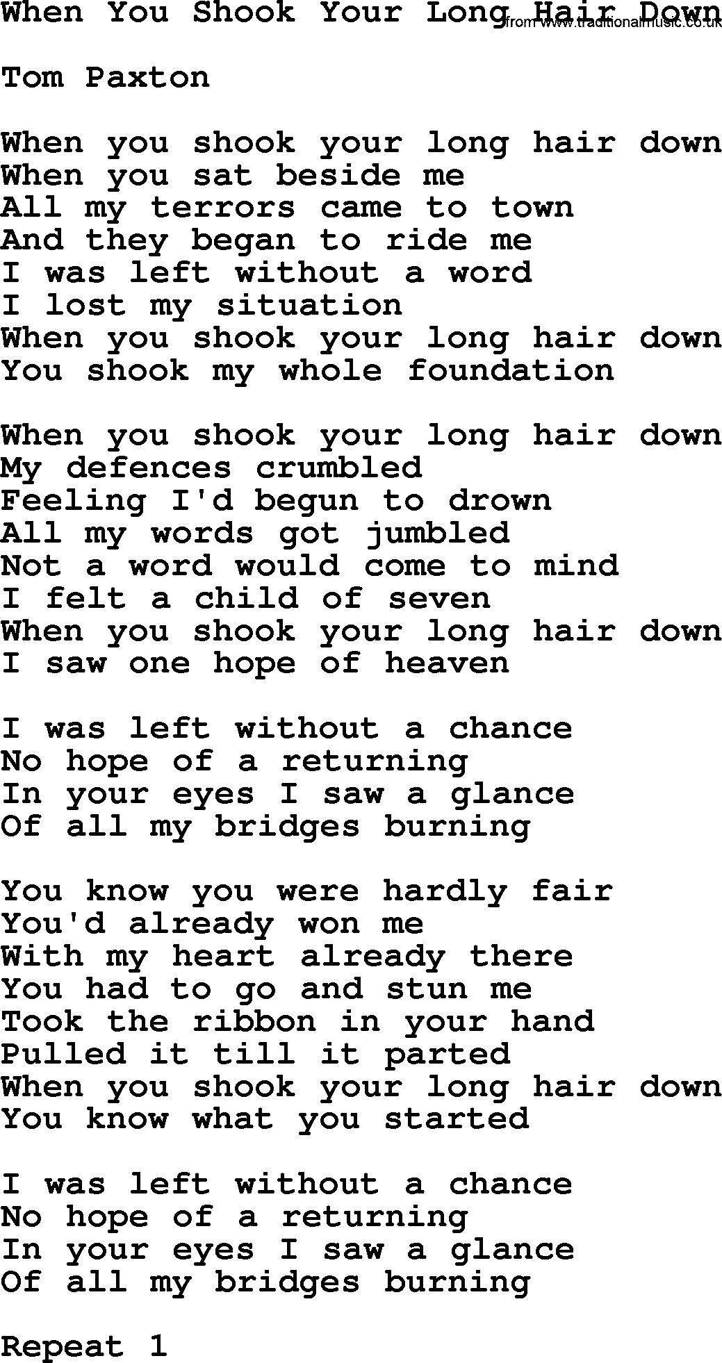Tom Paxton song: When You Shook Your Long Hair Down, lyrics