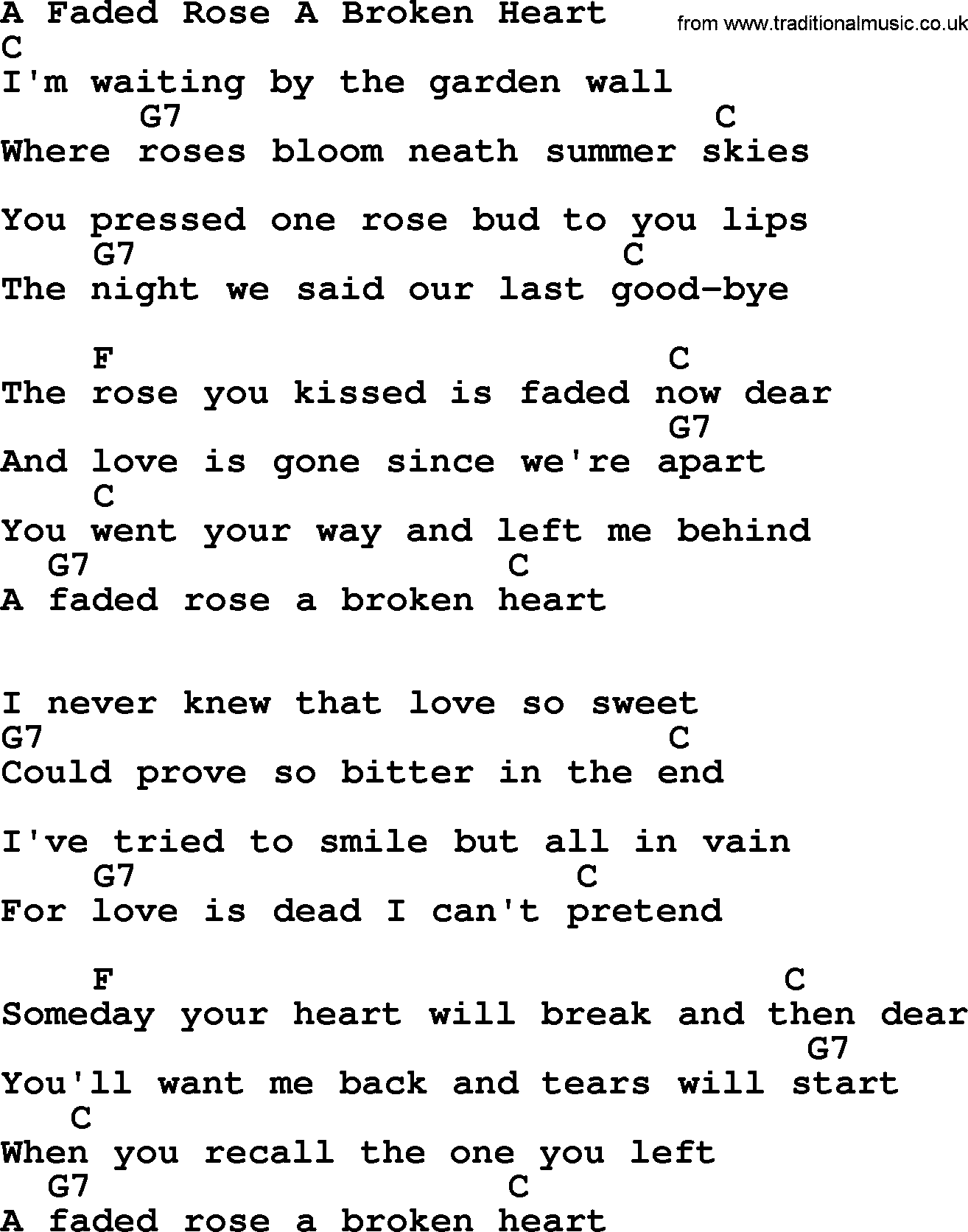 Bluegrass song: A Faded Rose A Broken Heart, lyrics and chords