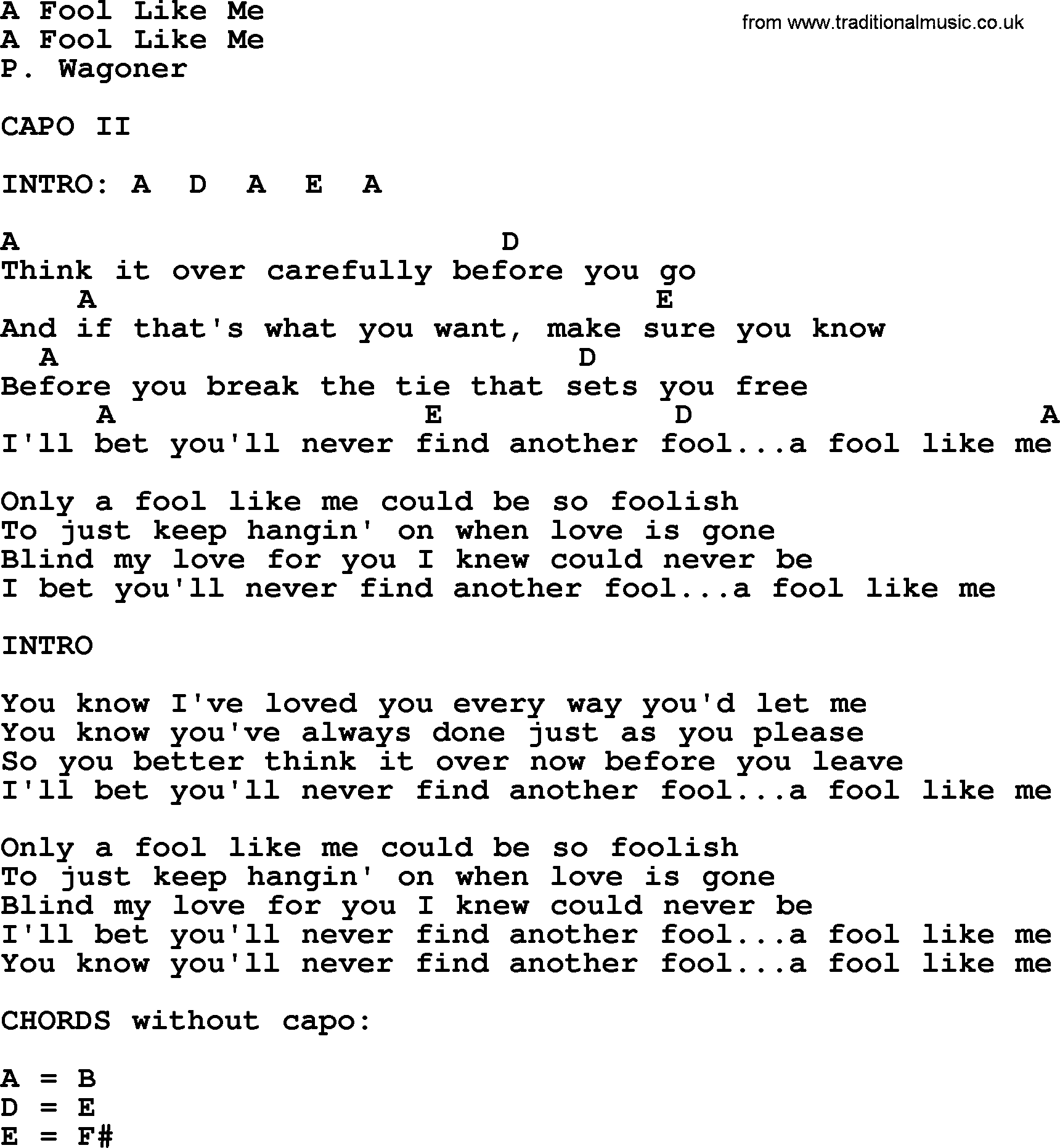 Bluegrass song: A Fool Like Me, lyrics and chords