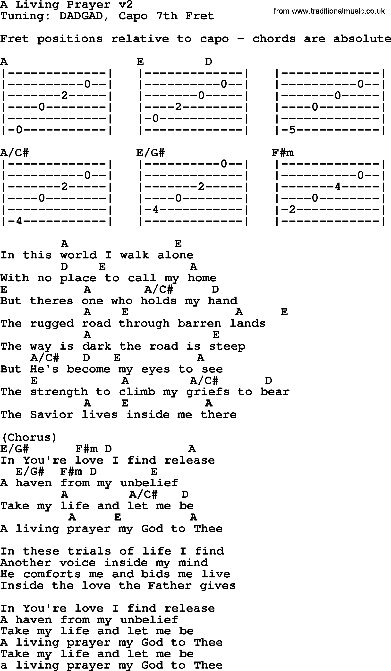 Bluegrass song: A Living Prayer V2, lyrics and chords