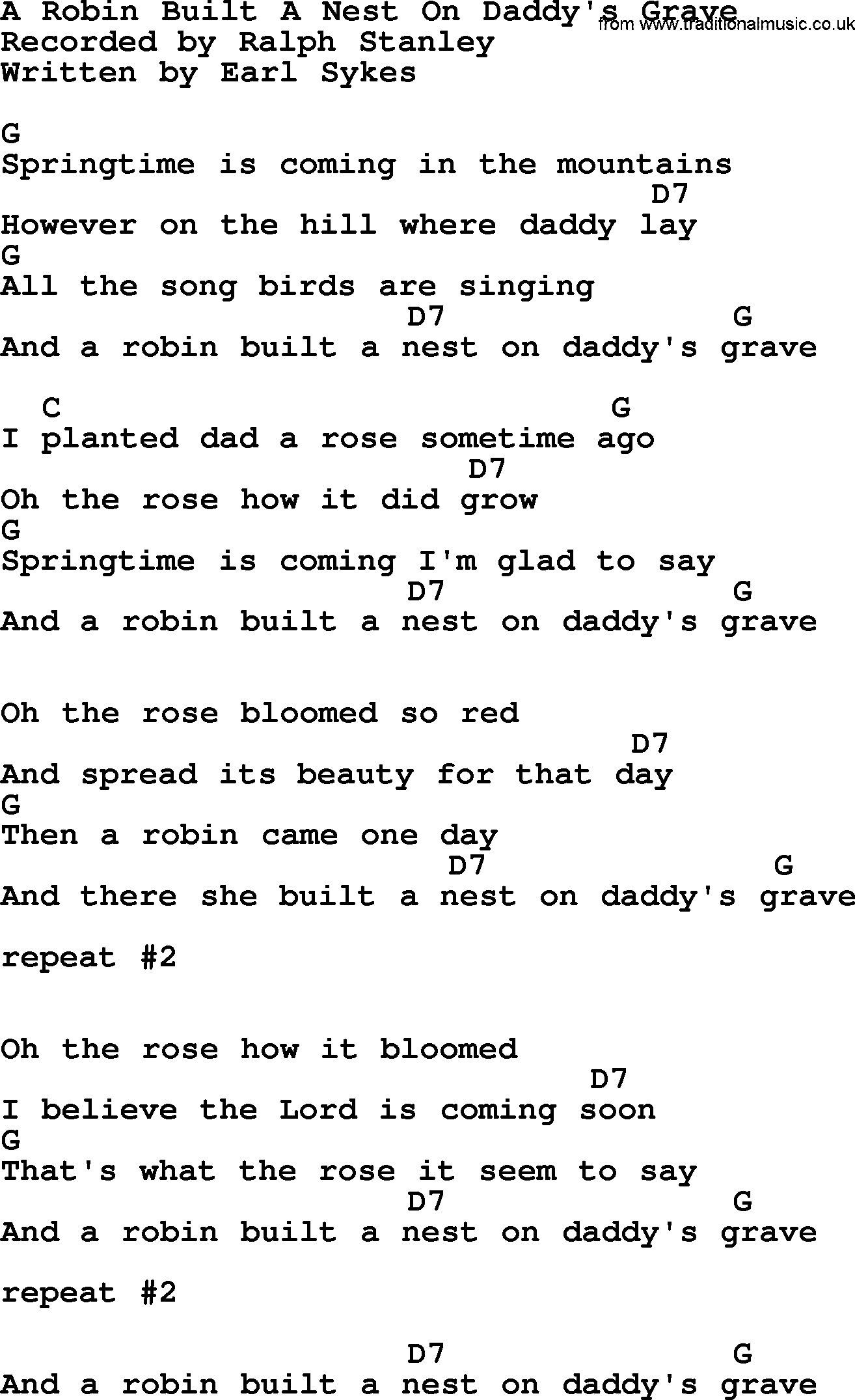 Bluegrass song: A Robin Built A Nest On Daddy's Grave, lyrics and chords