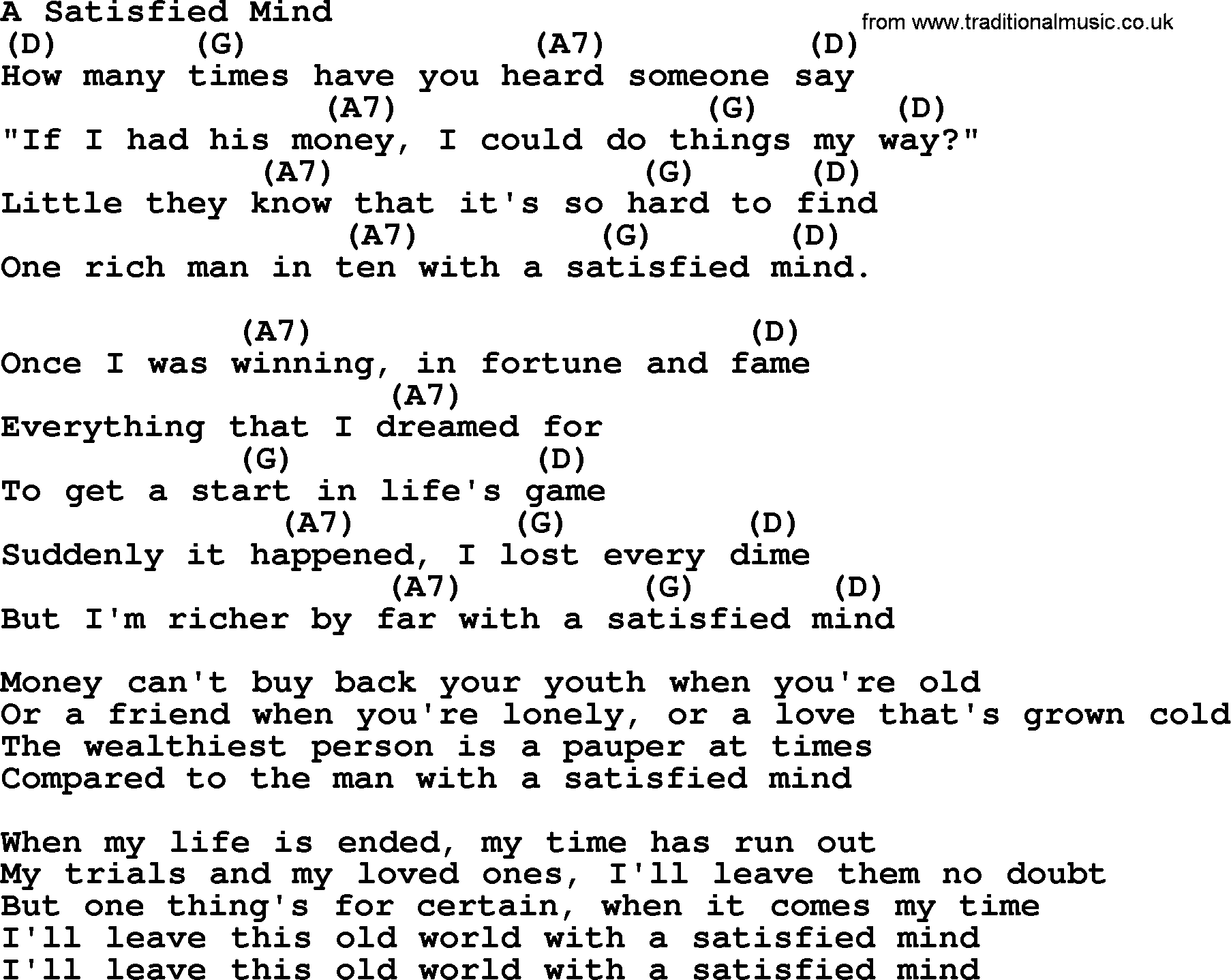 Bluegrass song: A Satisfied Mind, lyrics and chords