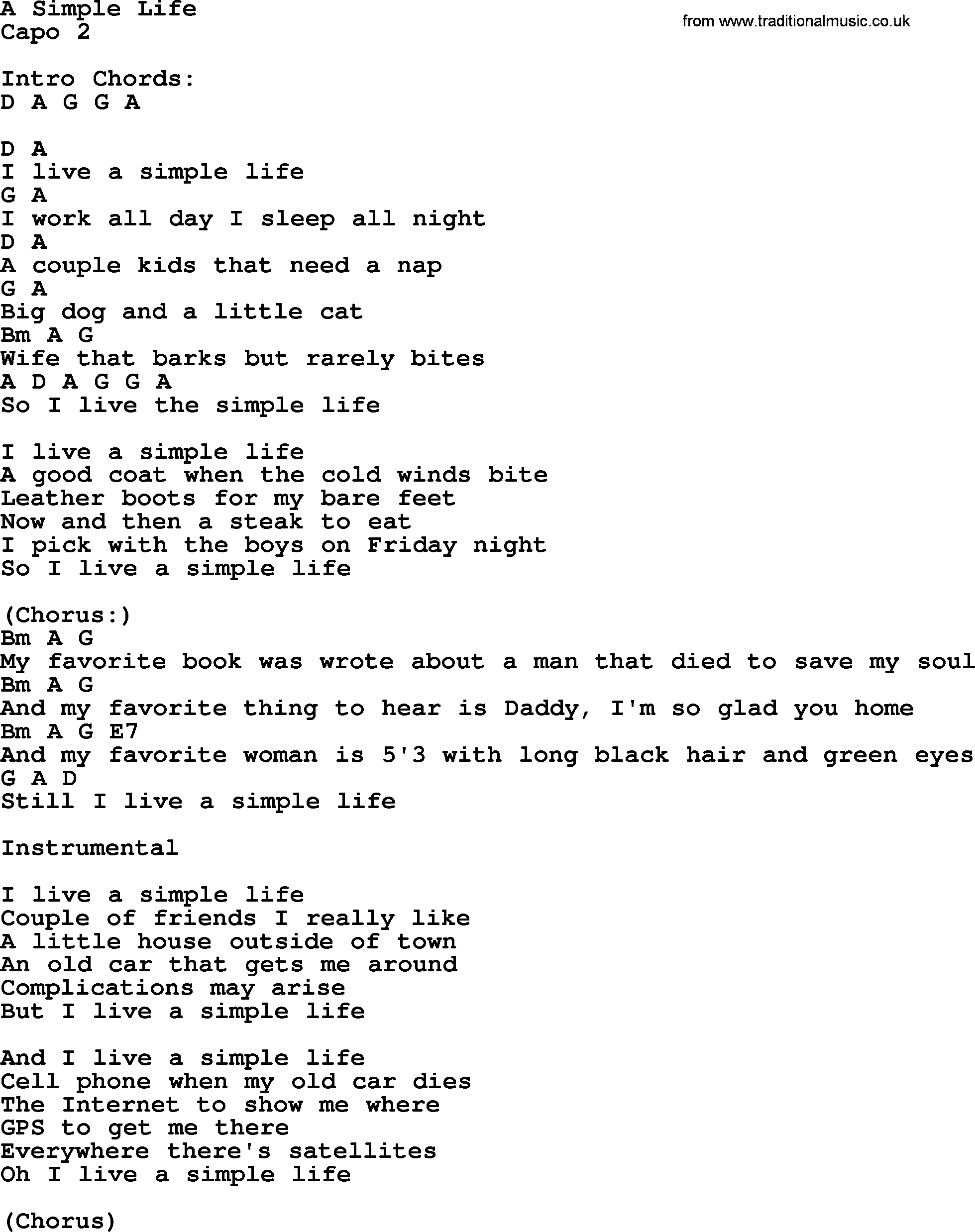 Bluegrass song: A Simple Life, lyrics and chords