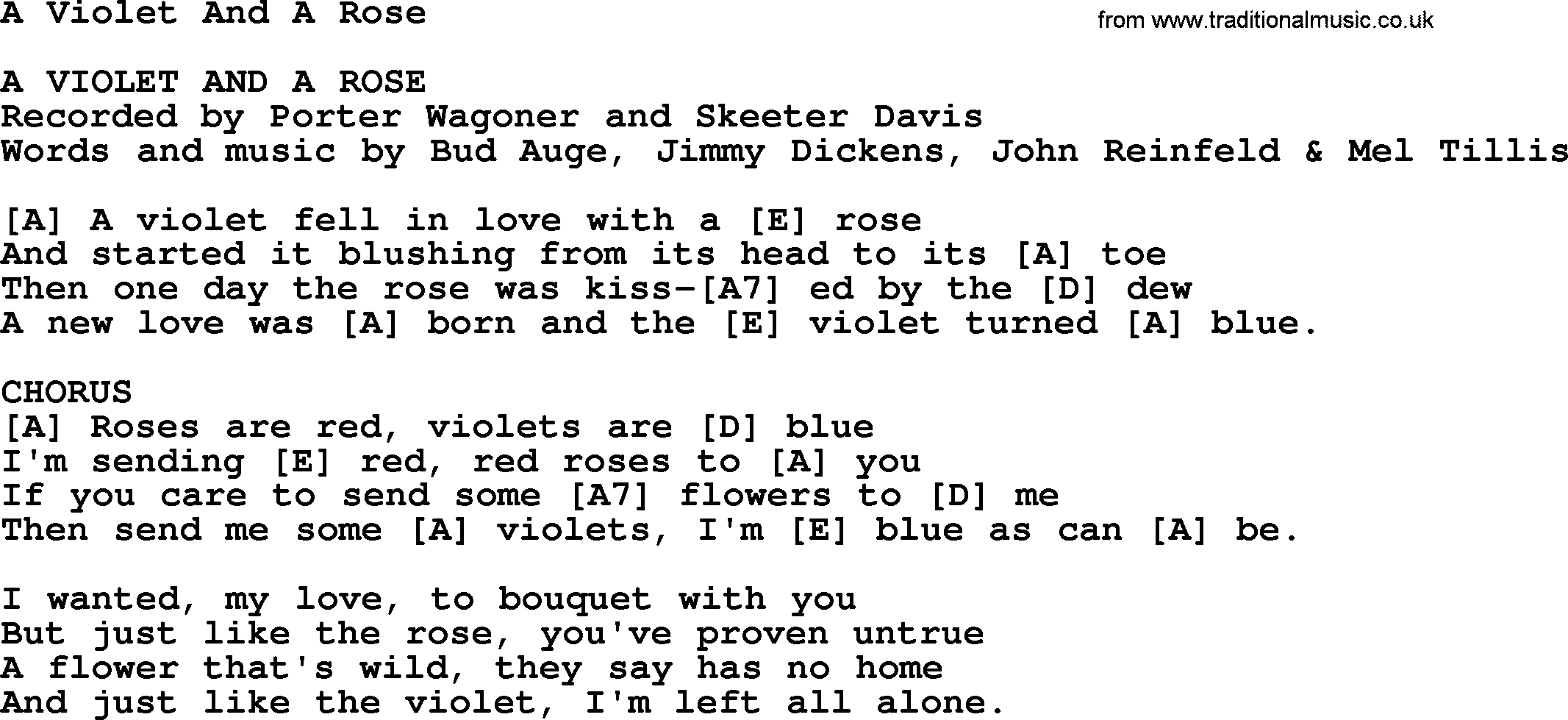 Bluegrass song: A Violet And A Rose, lyrics and chords