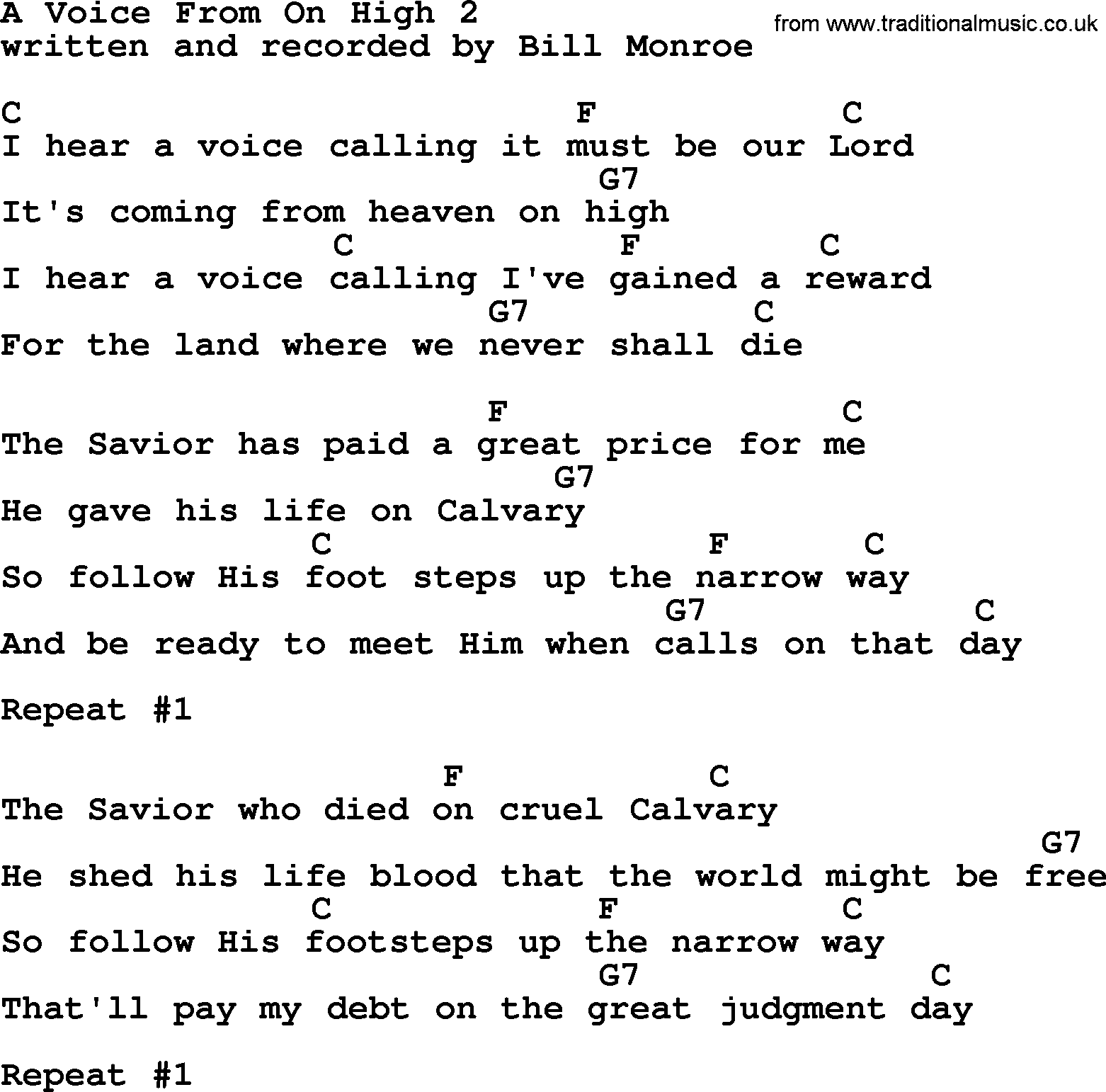 Bluegrass song: A Voice From On High 2, lyrics and chords