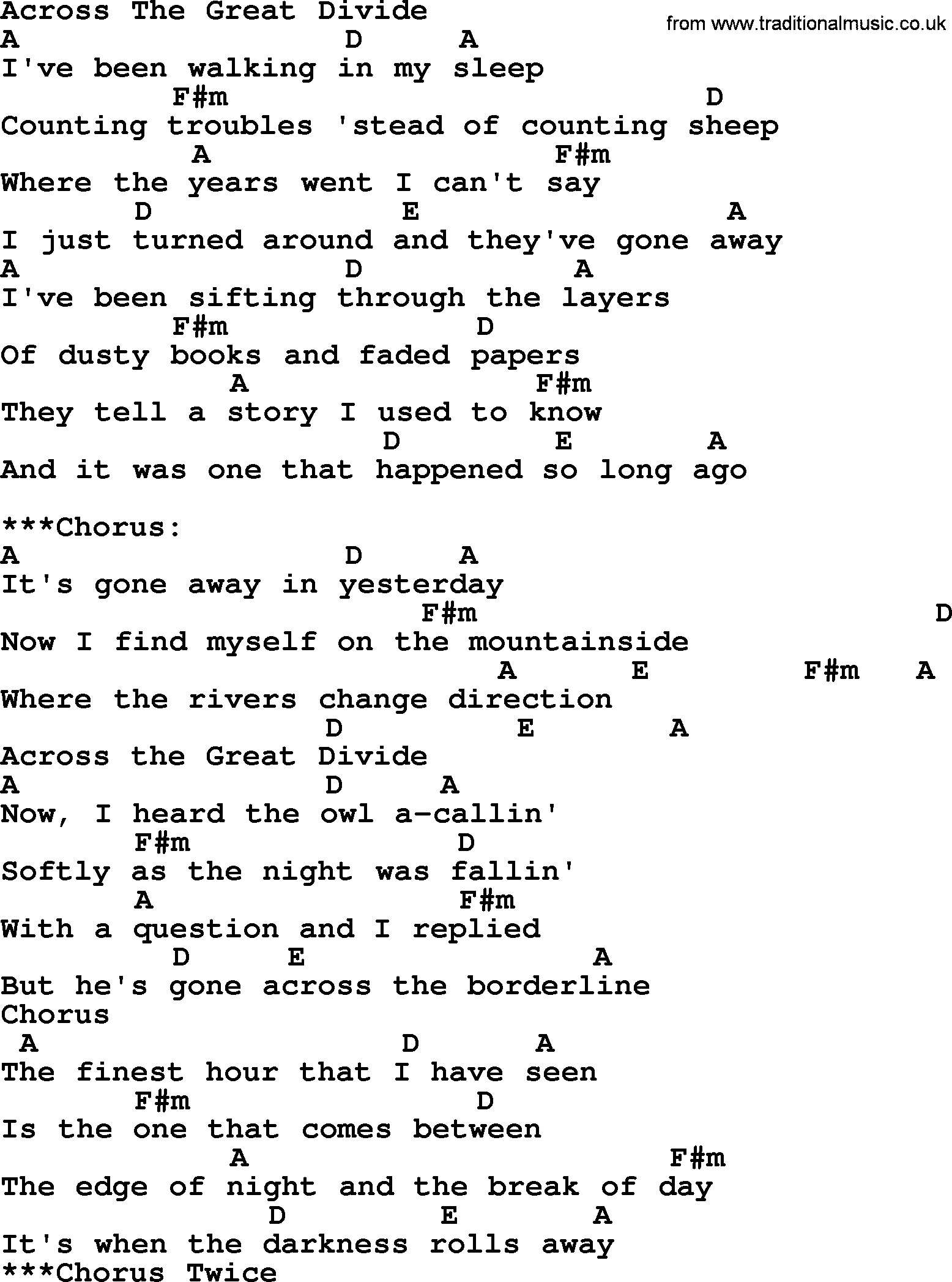 Bluegrass song: Across The Great Divide, lyrics and chords