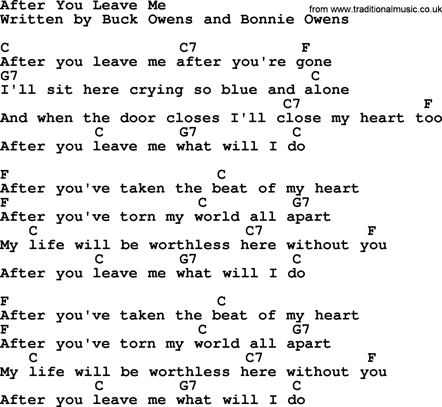 Bluegrass song: After You Leave Me, lyrics and chords