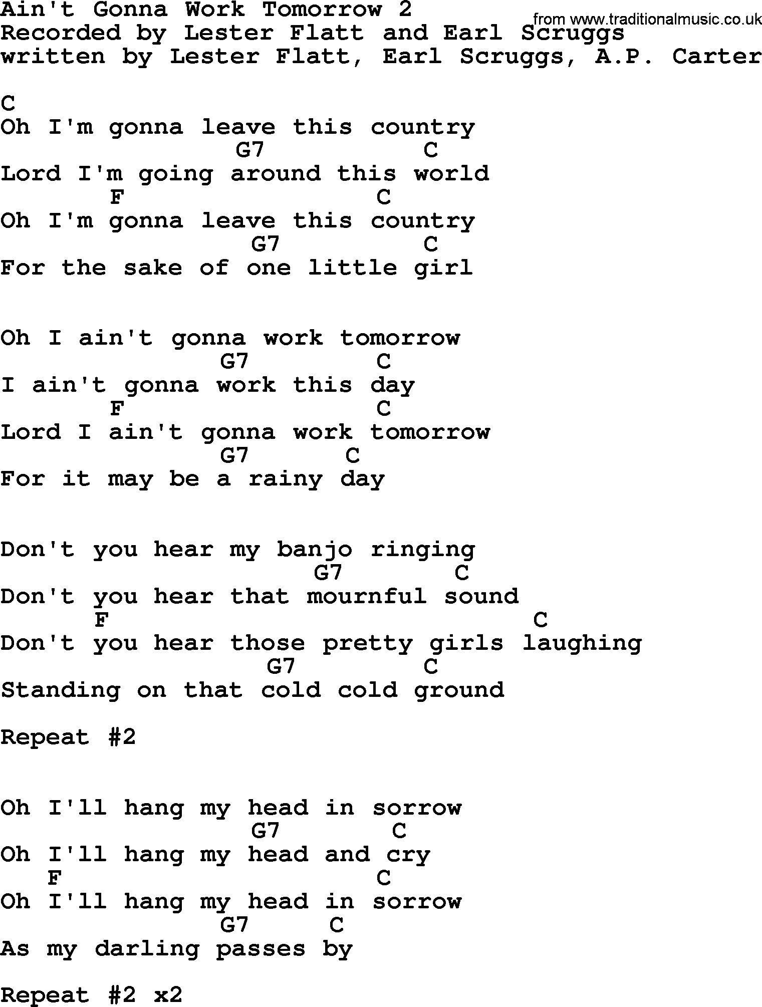 Bluegrass song: Ain't Gonna Work Tomorrow 2, lyrics and chords