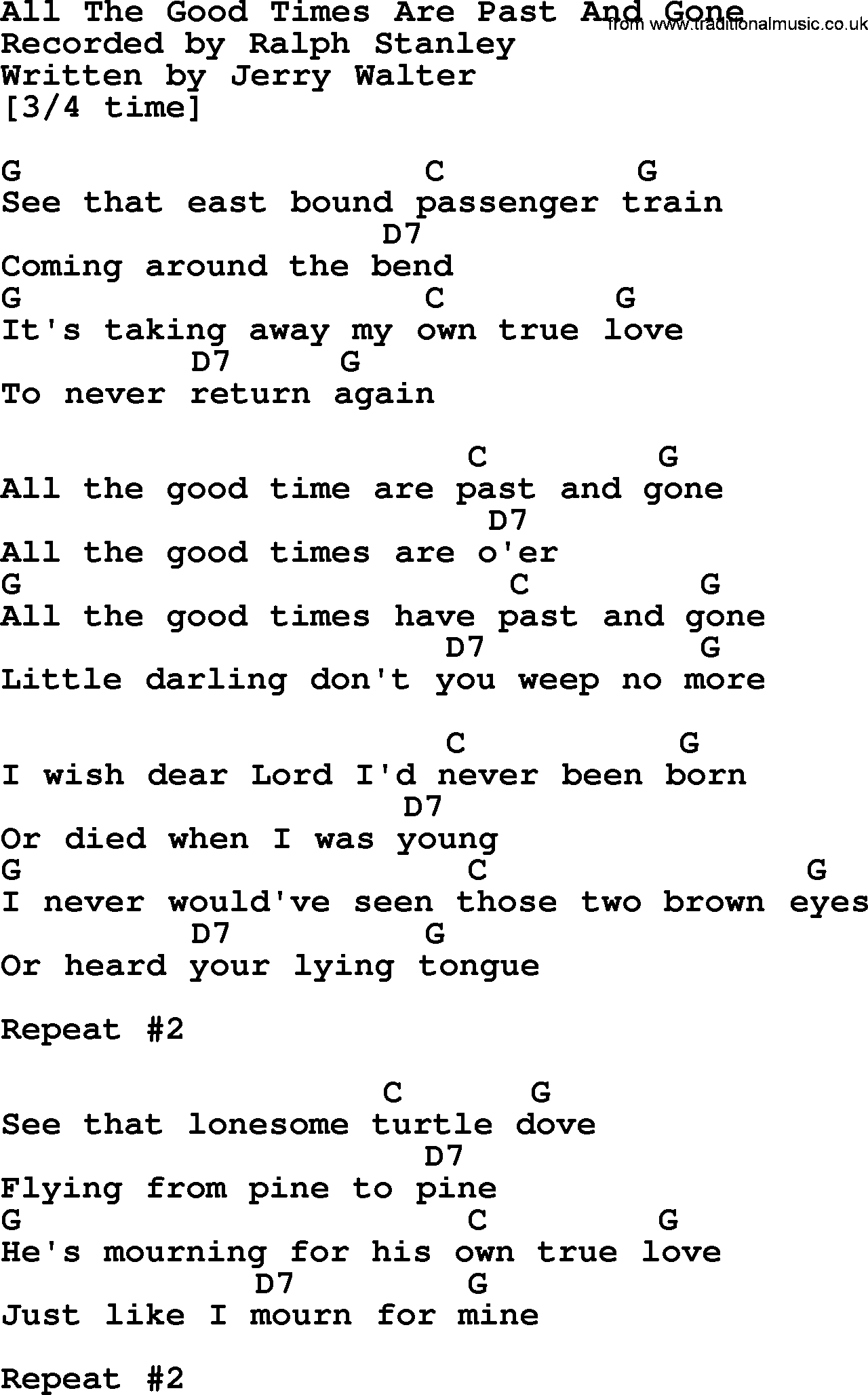Bluegrass song: All The Good Times Are Past And Gone, lyrics and chords