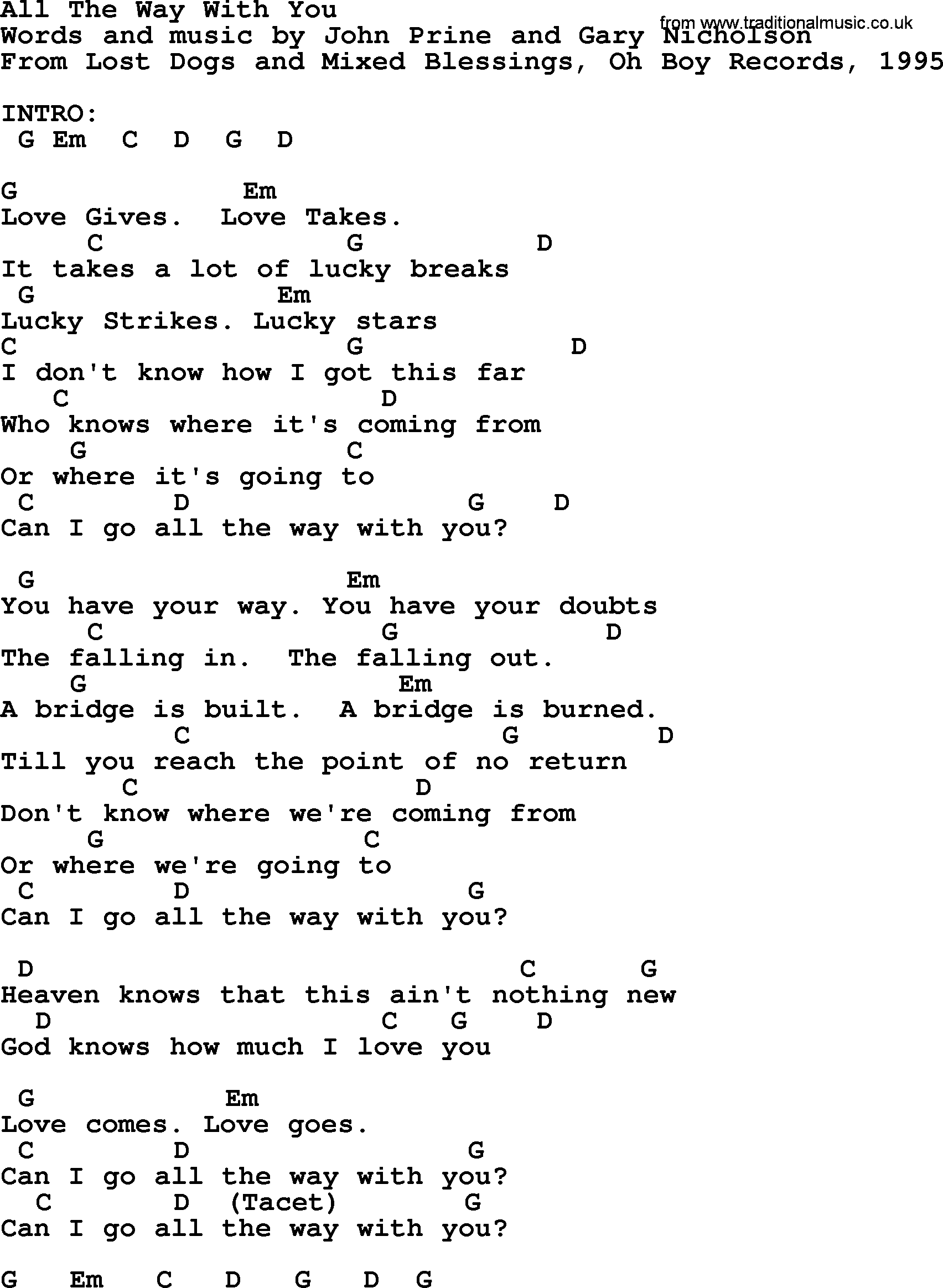Bluegrass song: All The Way With You, lyrics and chords