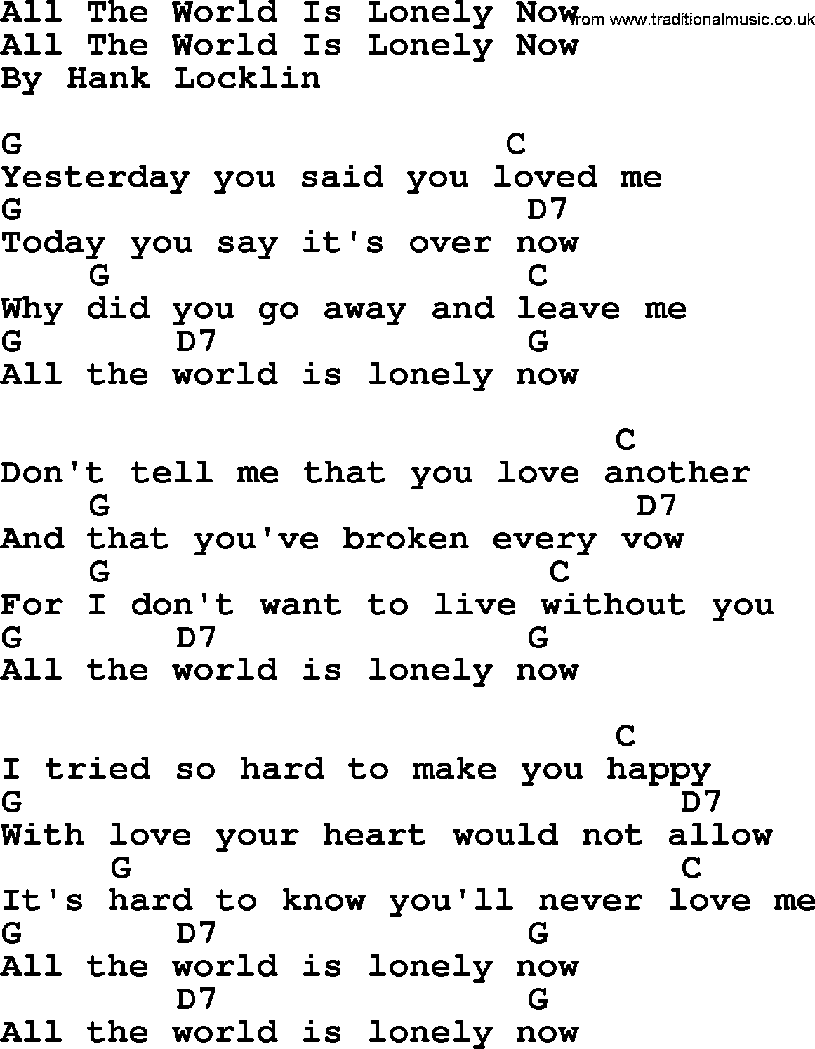 Bluegrass song: All The World Is Lonely Now, lyrics and chords