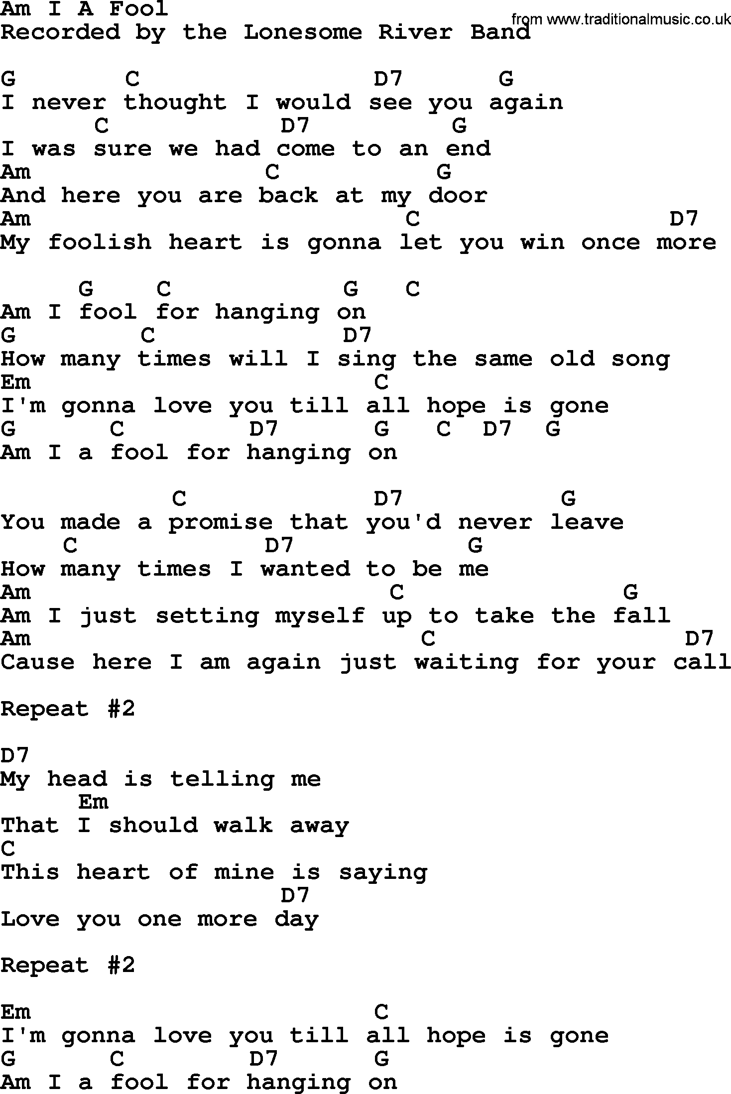 Bluegrass song: Am I A Fool, lyrics and chords
