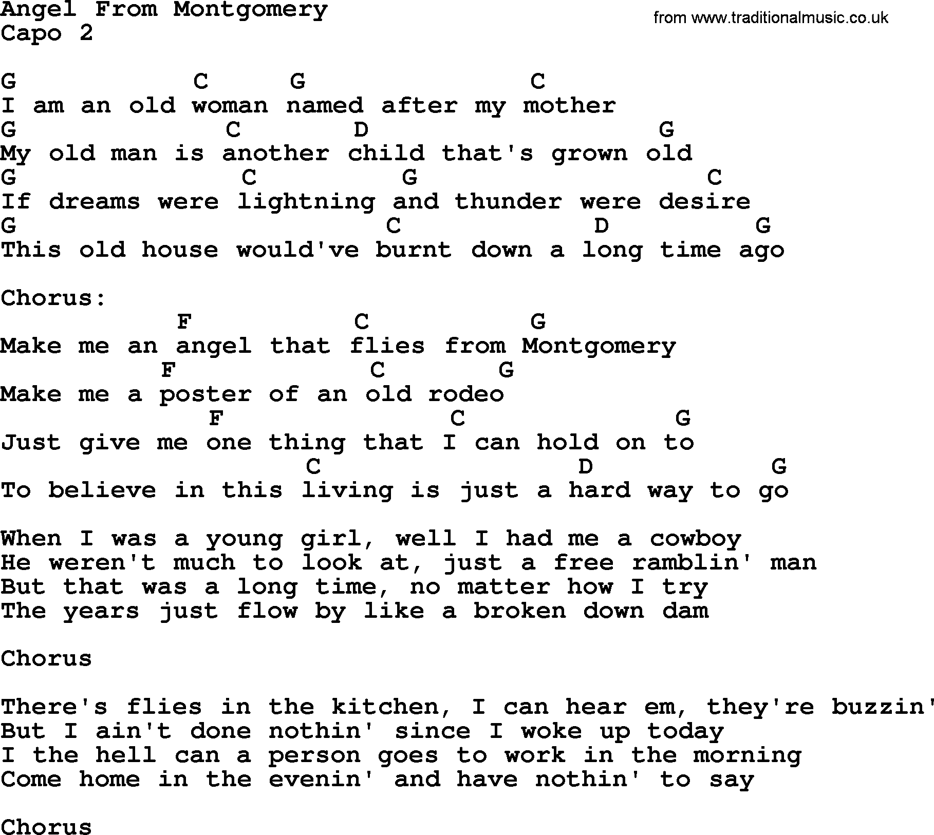 Bluegrass song: Angel From Montgomery, lyrics and chords