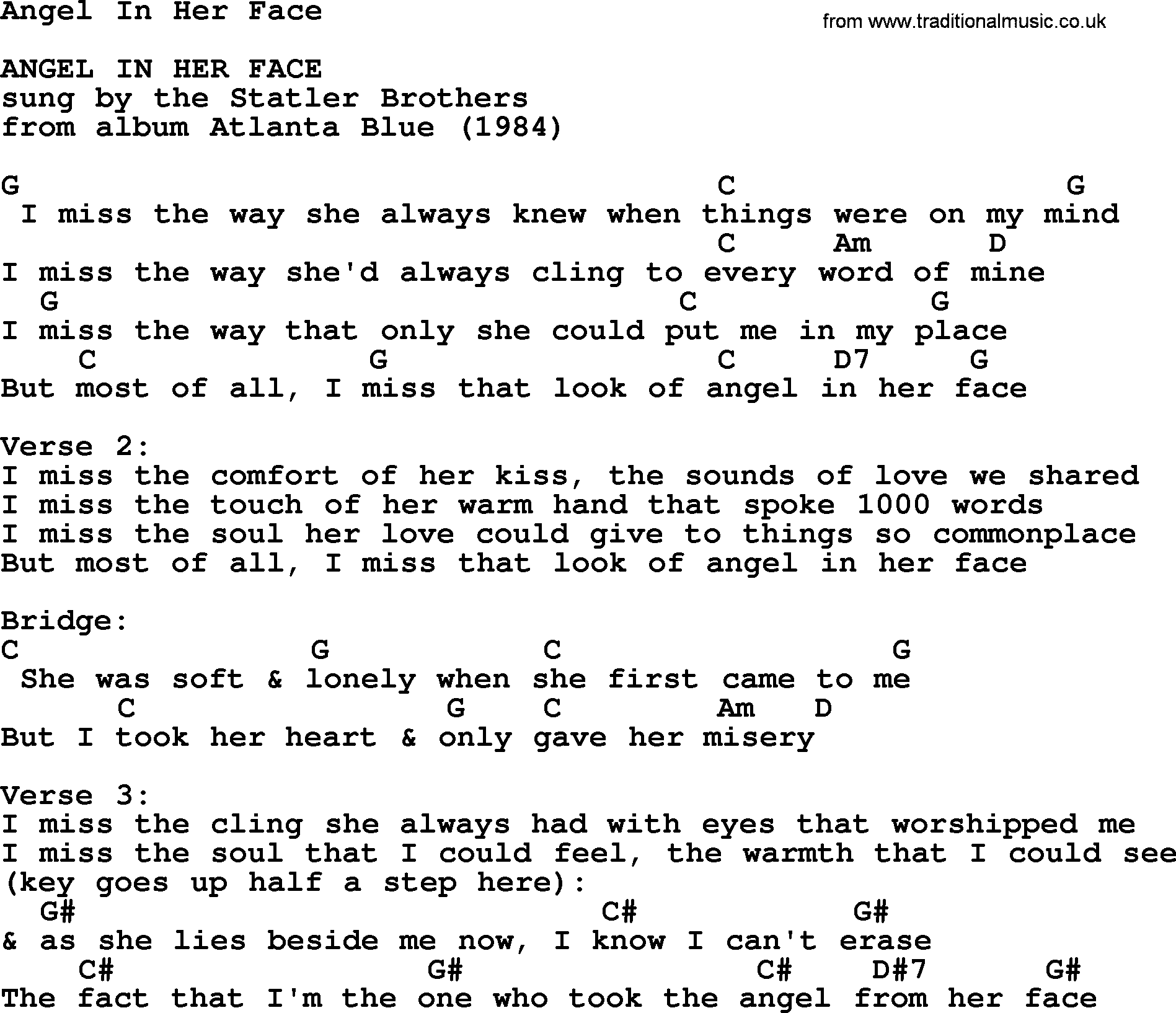 Bluegrass song: Angel In Her Face, lyrics and chords