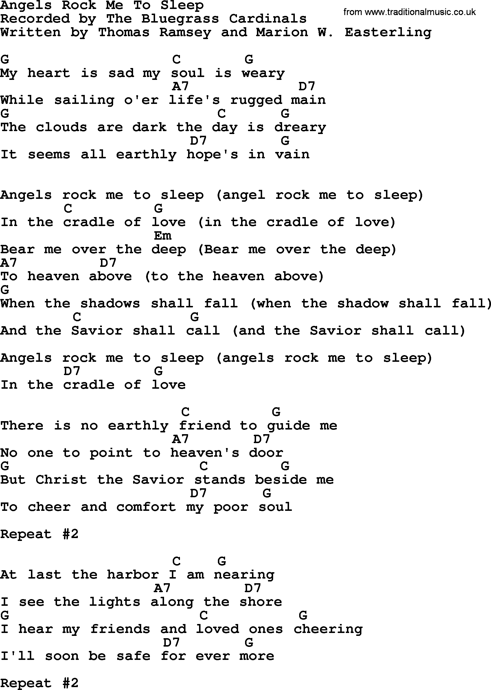 Bluegrass song: Angels Rock Me To Sleep, lyrics and chords