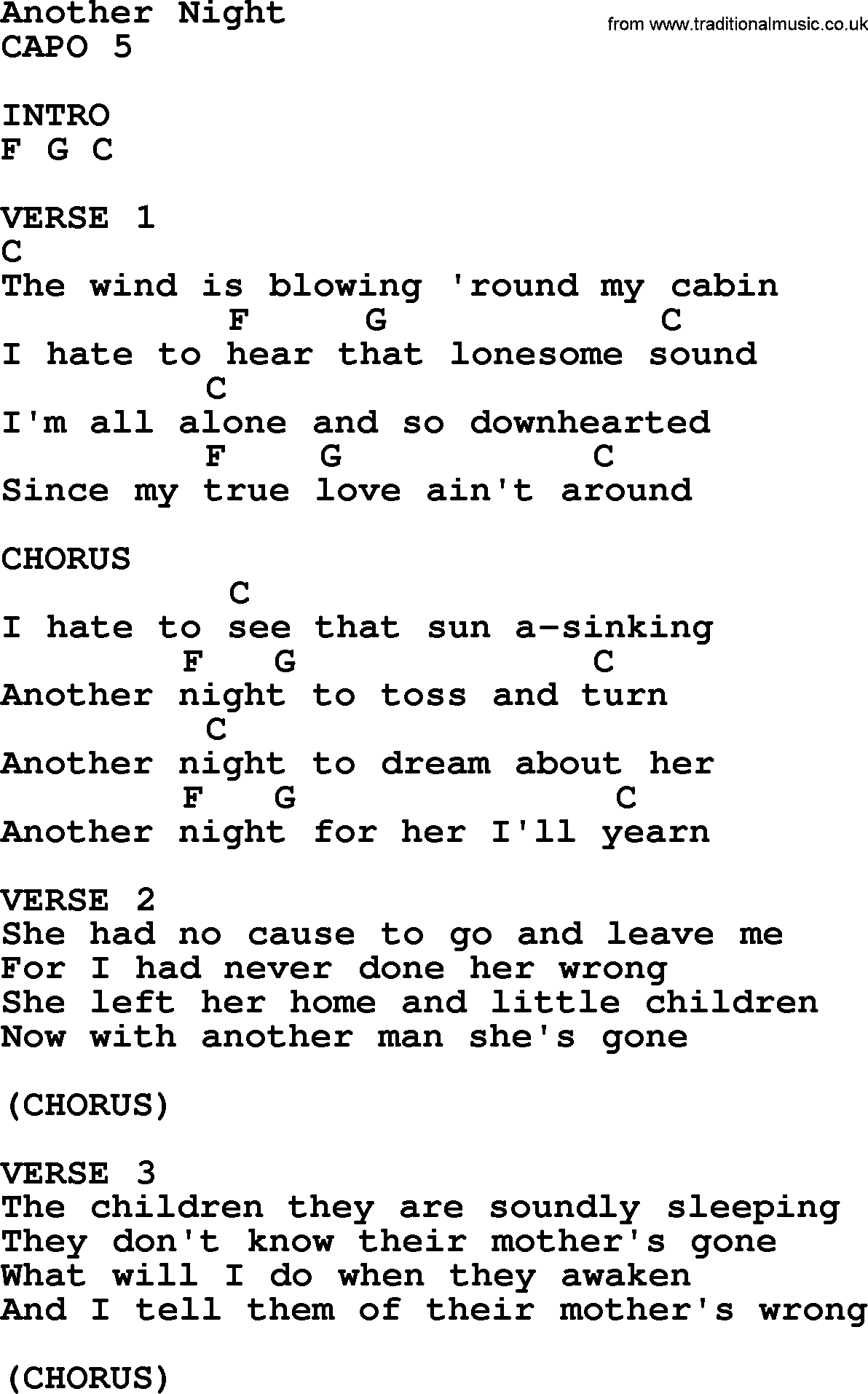 Bluegrass song: Another Night, lyrics and chords