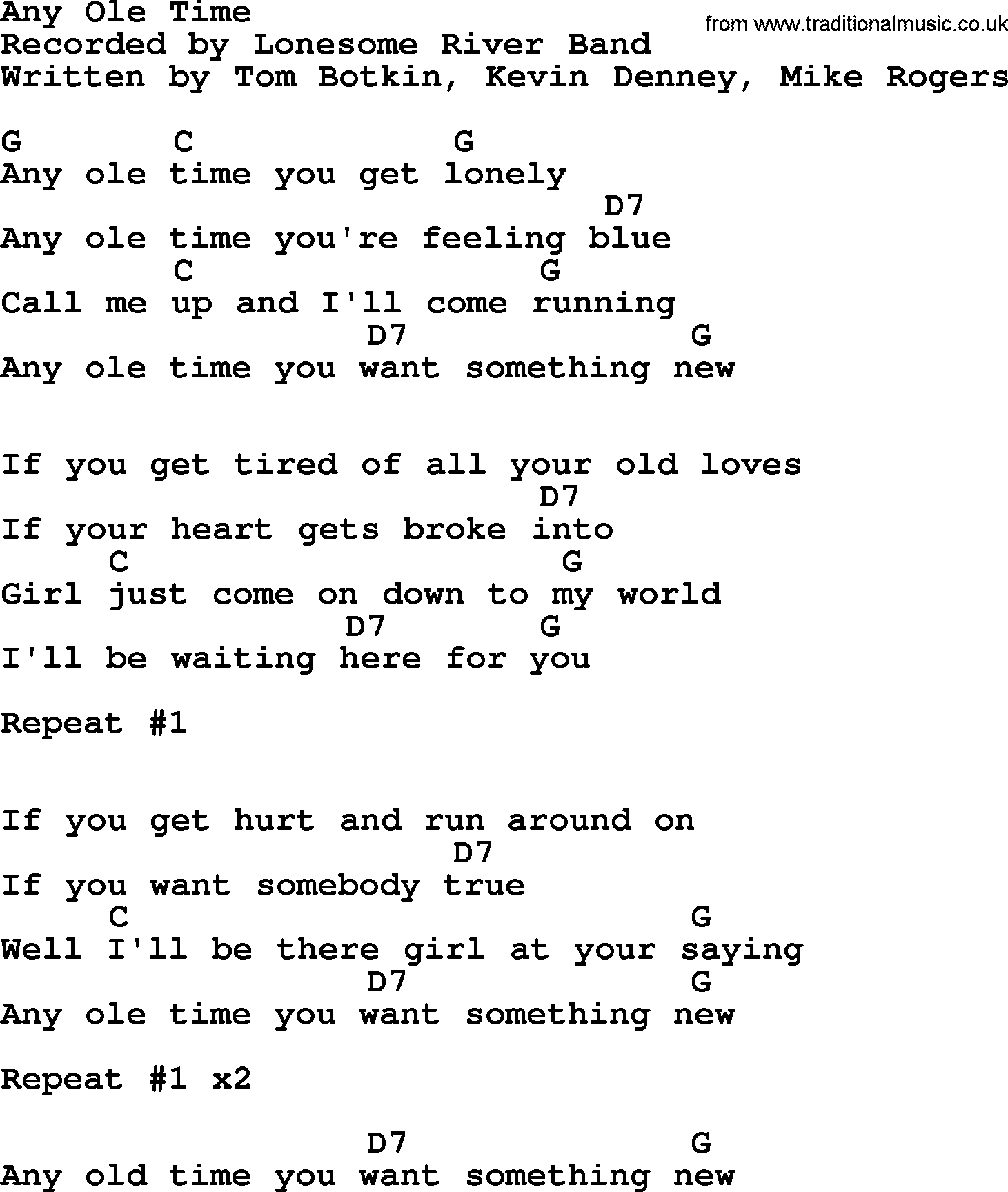 Bluegrass song: Any Ole Time, lyrics and chords