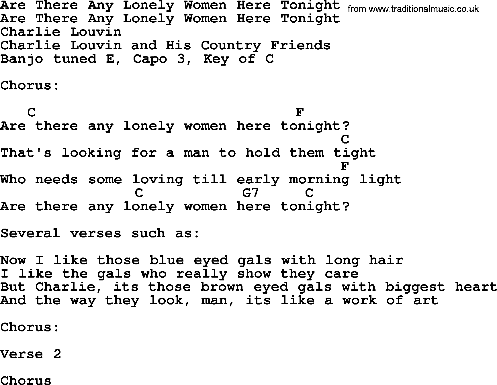 Bluegrass song: Are There Any Lonely Women Here Tonight, lyrics and chords