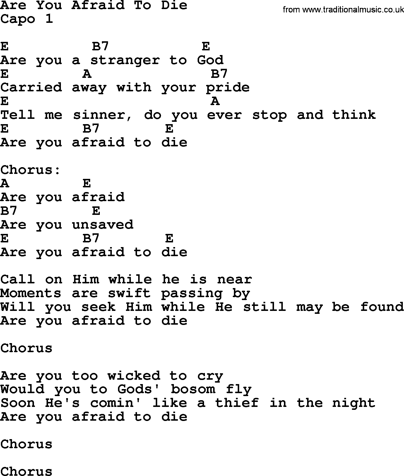 Bluegrass song: Are You Afraid To Die, lyrics and chords