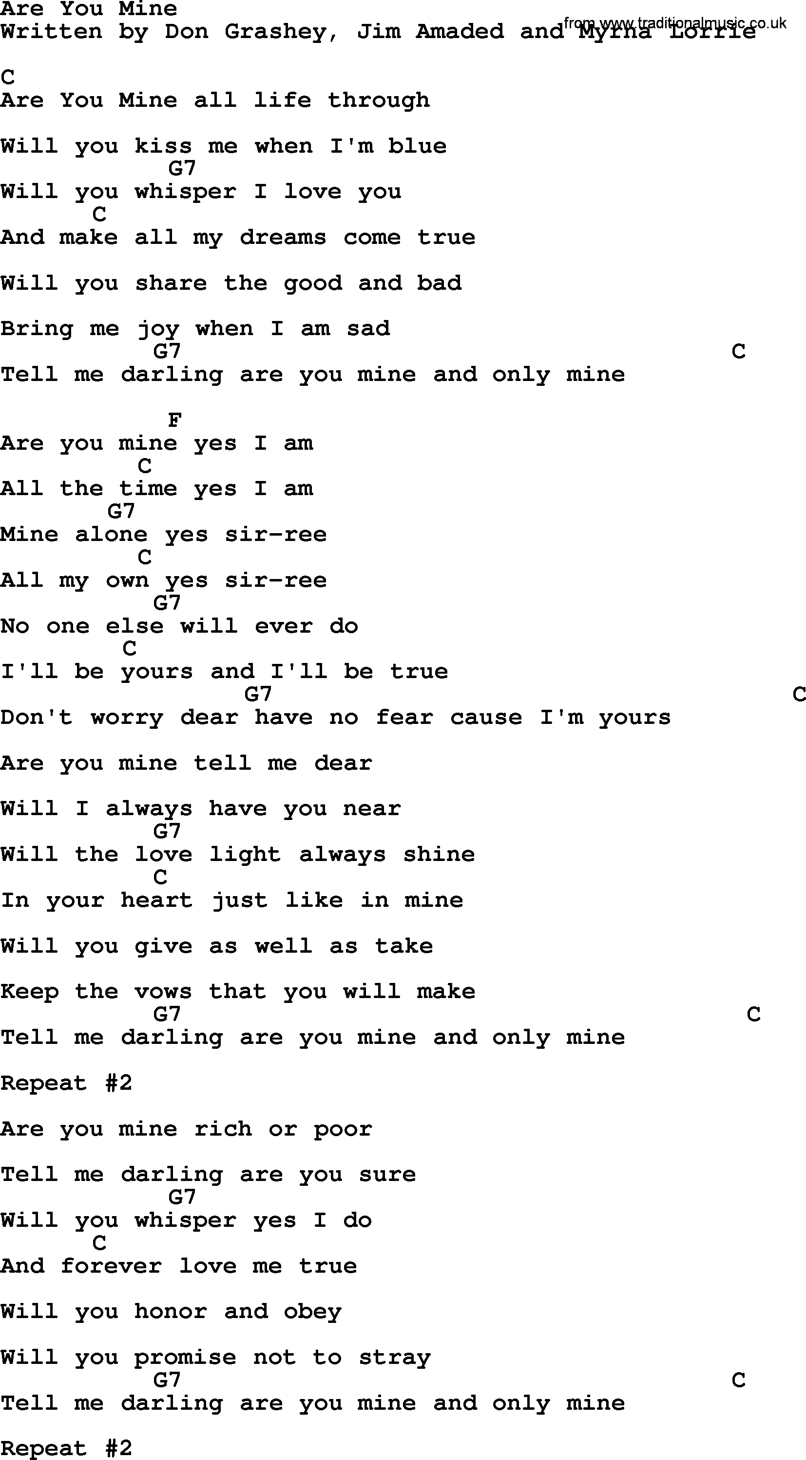 Bluegrass song: Are You Mine, lyrics and chords