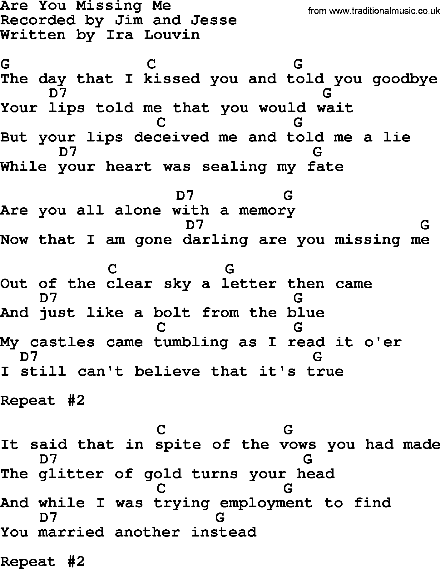 Bluegrass song: Are You Missing Me, lyrics and chords