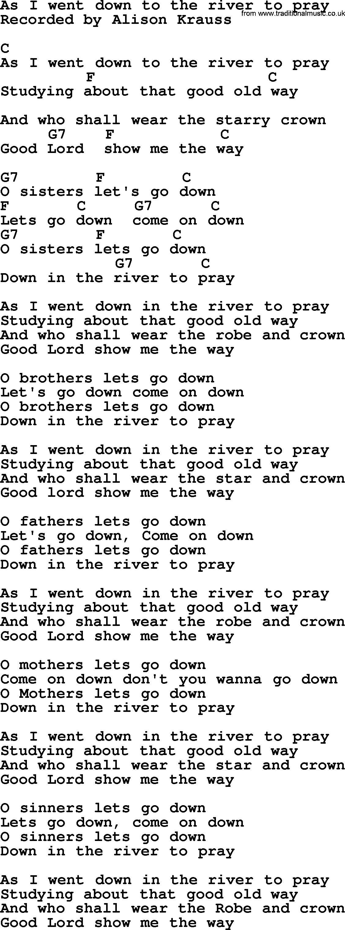 Bluegrass song: As I Went Down To The River To Pray, lyrics and chords