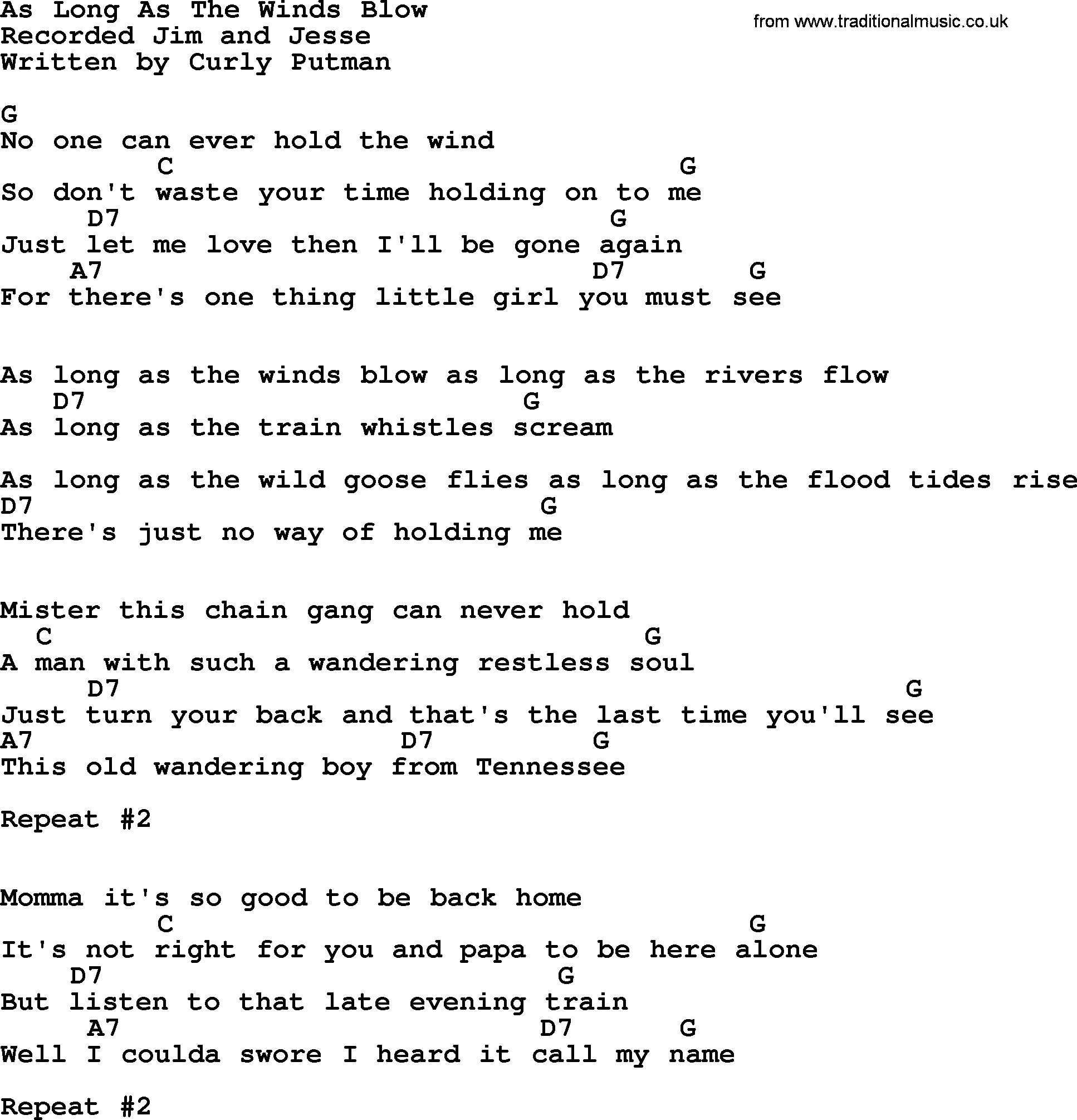 Bluegrass song: As Long As The Winds Blow, lyrics and chords
