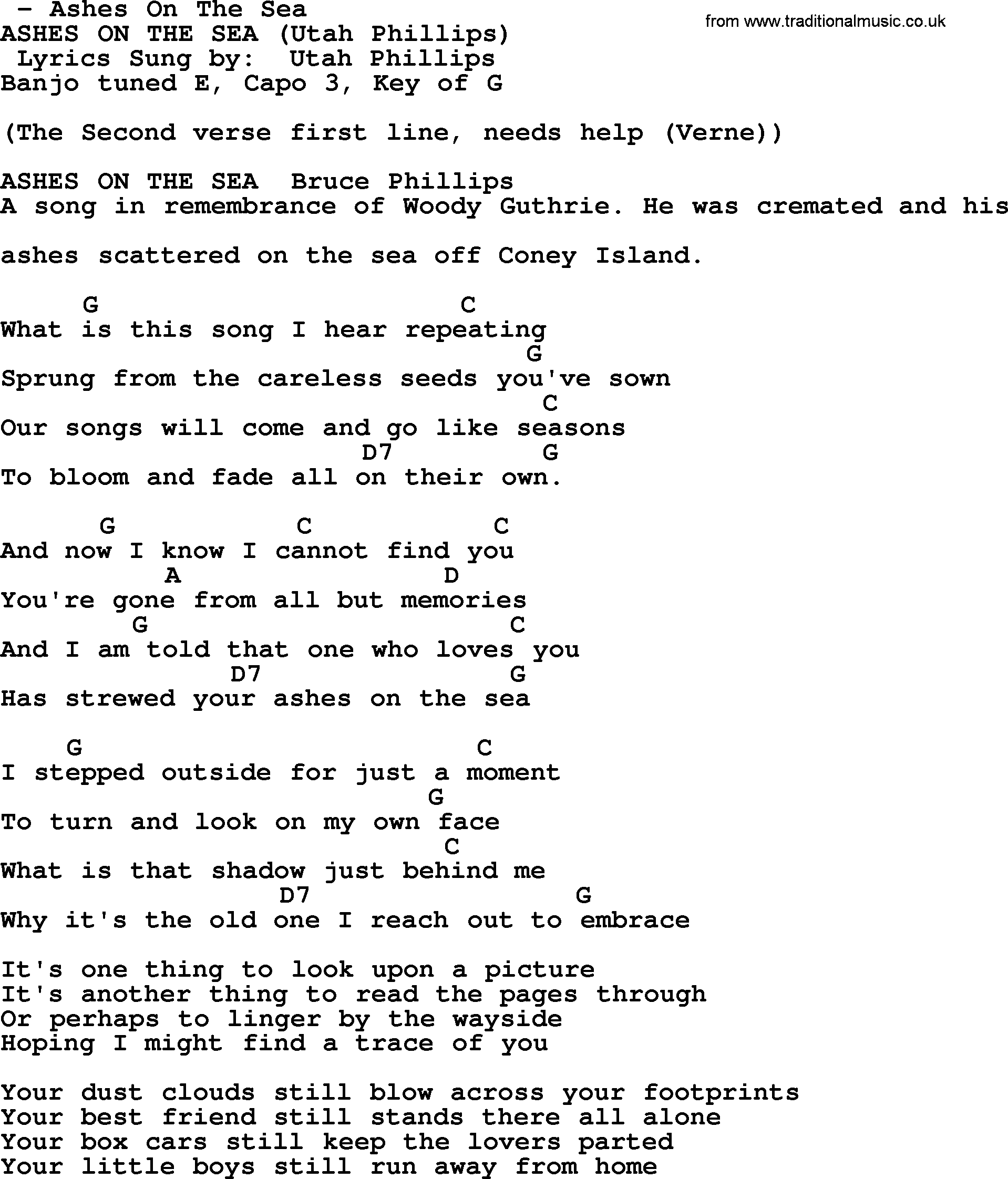 Bluegrass song: Ashes On The Sea, lyrics and chords