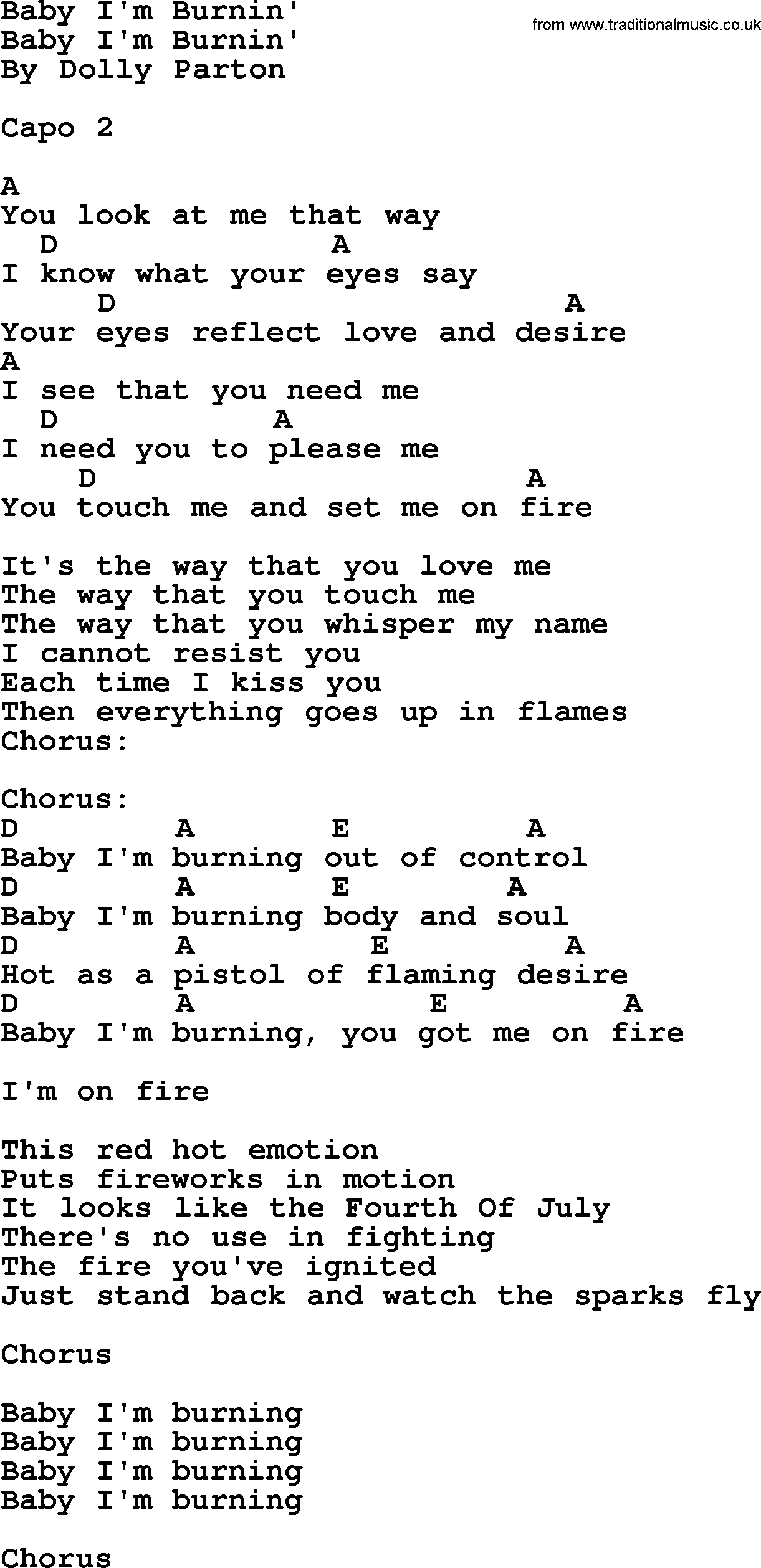 Bluegrass song: Baby I'm Burnin', lyrics and chords
