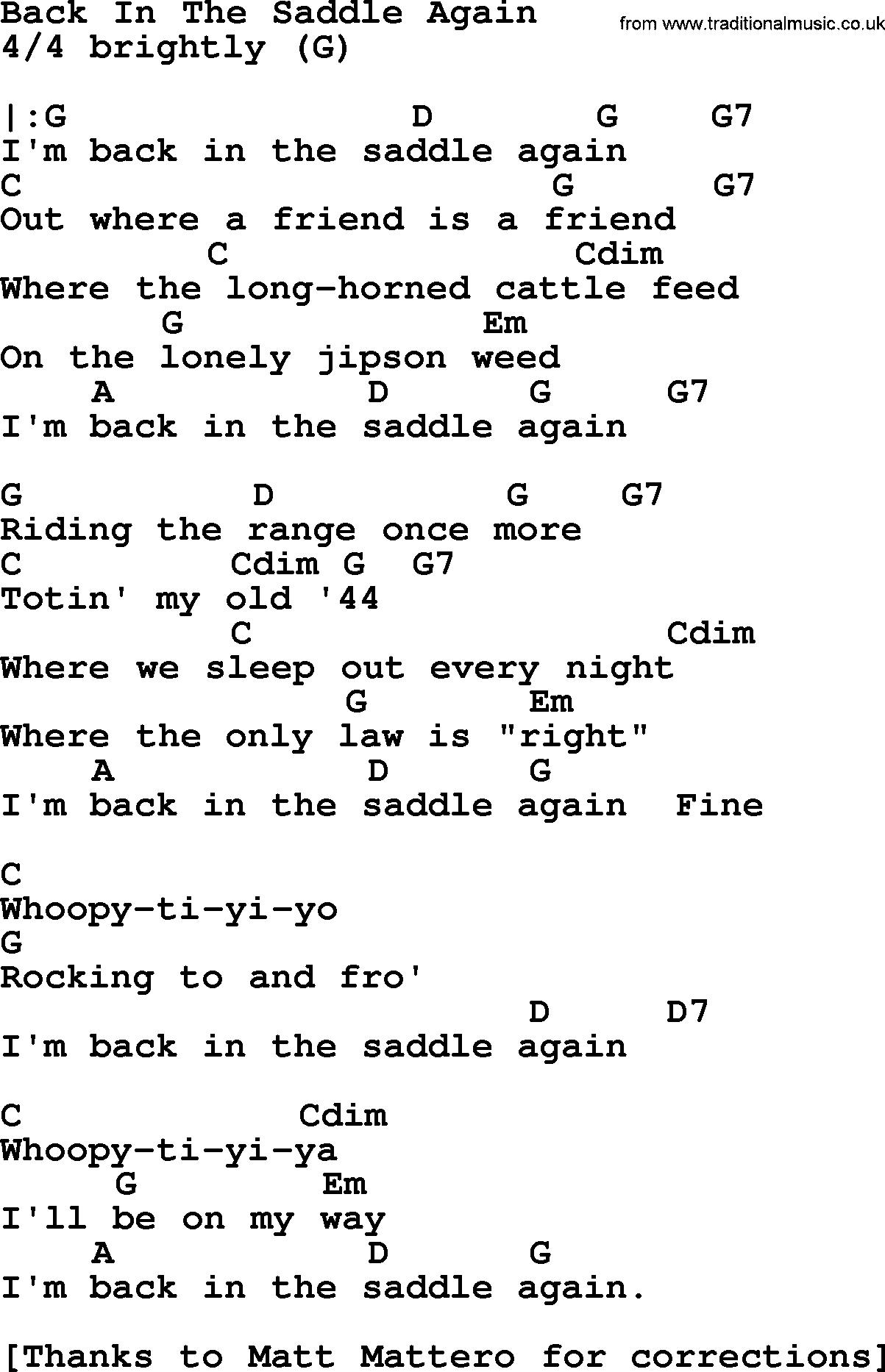 Bluegrass song: Back In The Saddle Again, lyrics and chords