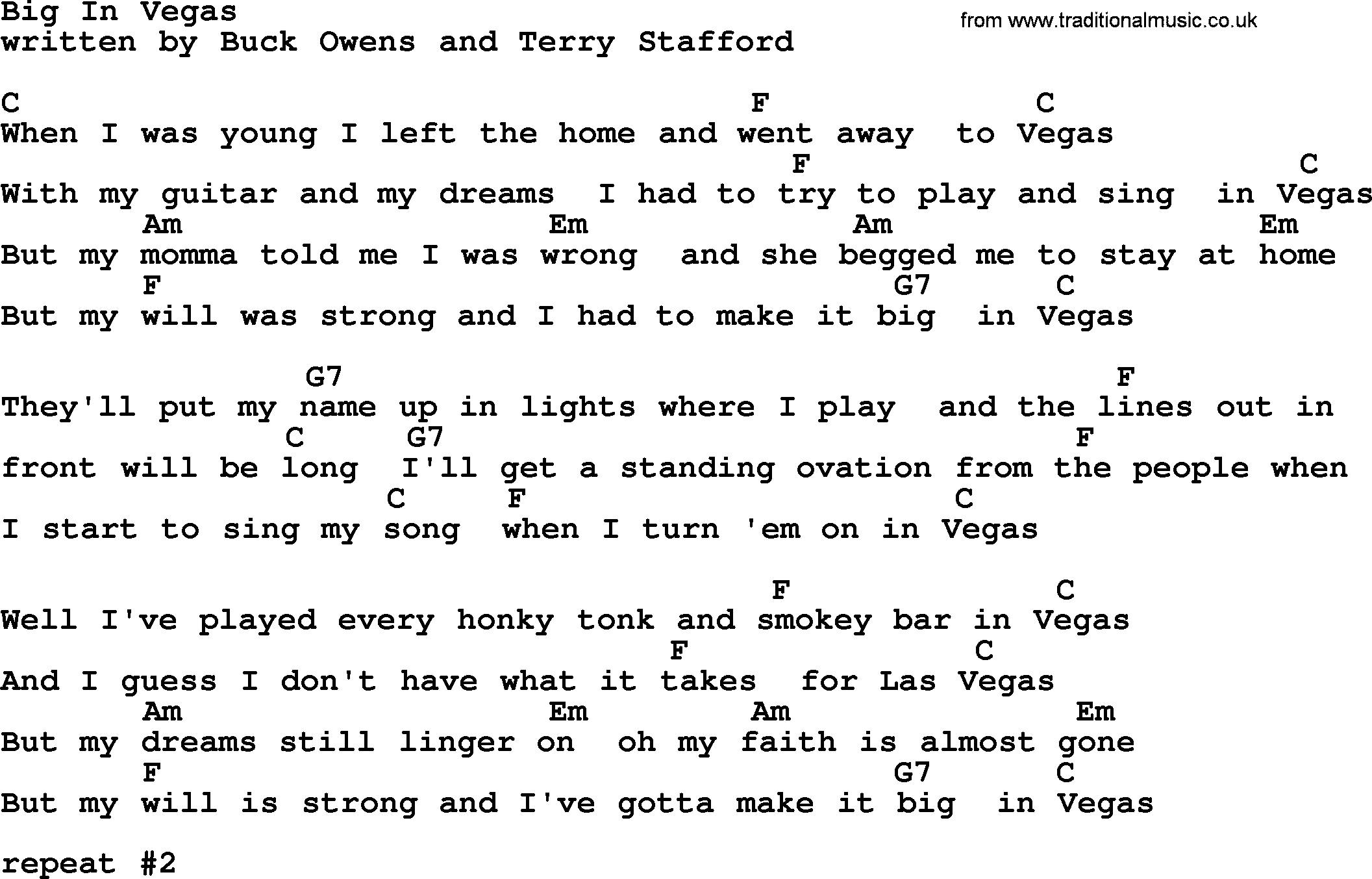 Bluegrass song: Big In Vegas, lyrics and chords