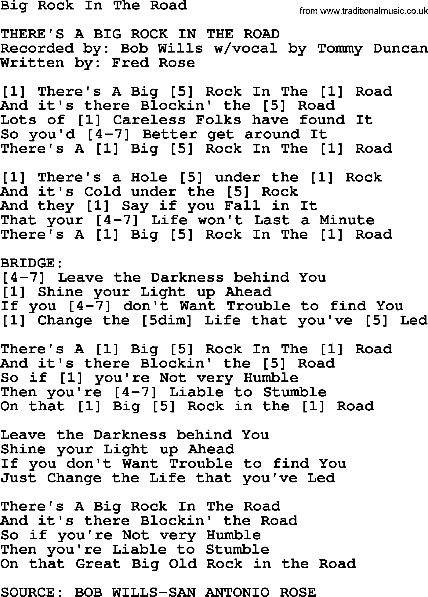 Bluegrass song: Big Rock In The Road, lyrics and chords