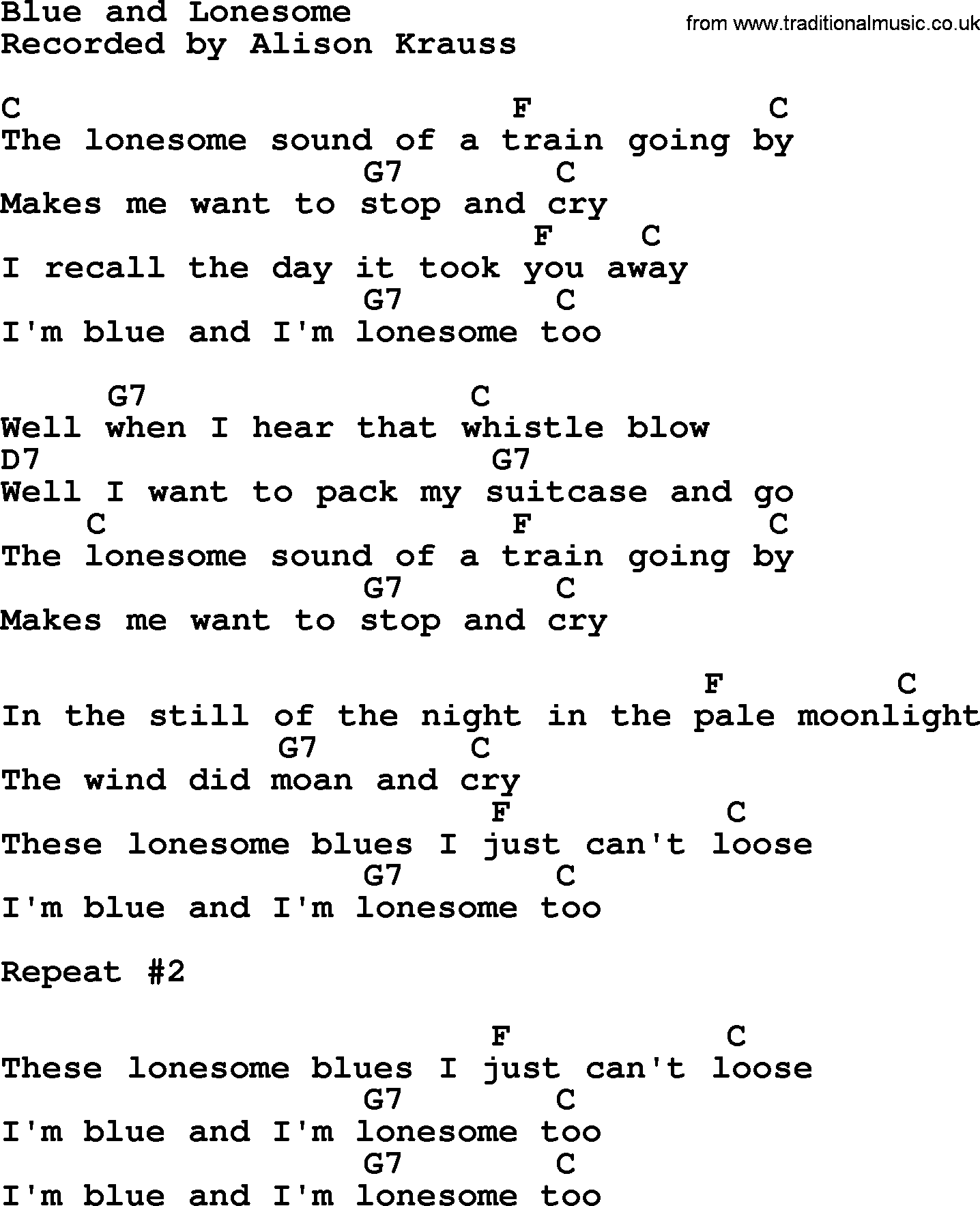 Bluegrass song: Blue And Lonesome, lyrics and chords