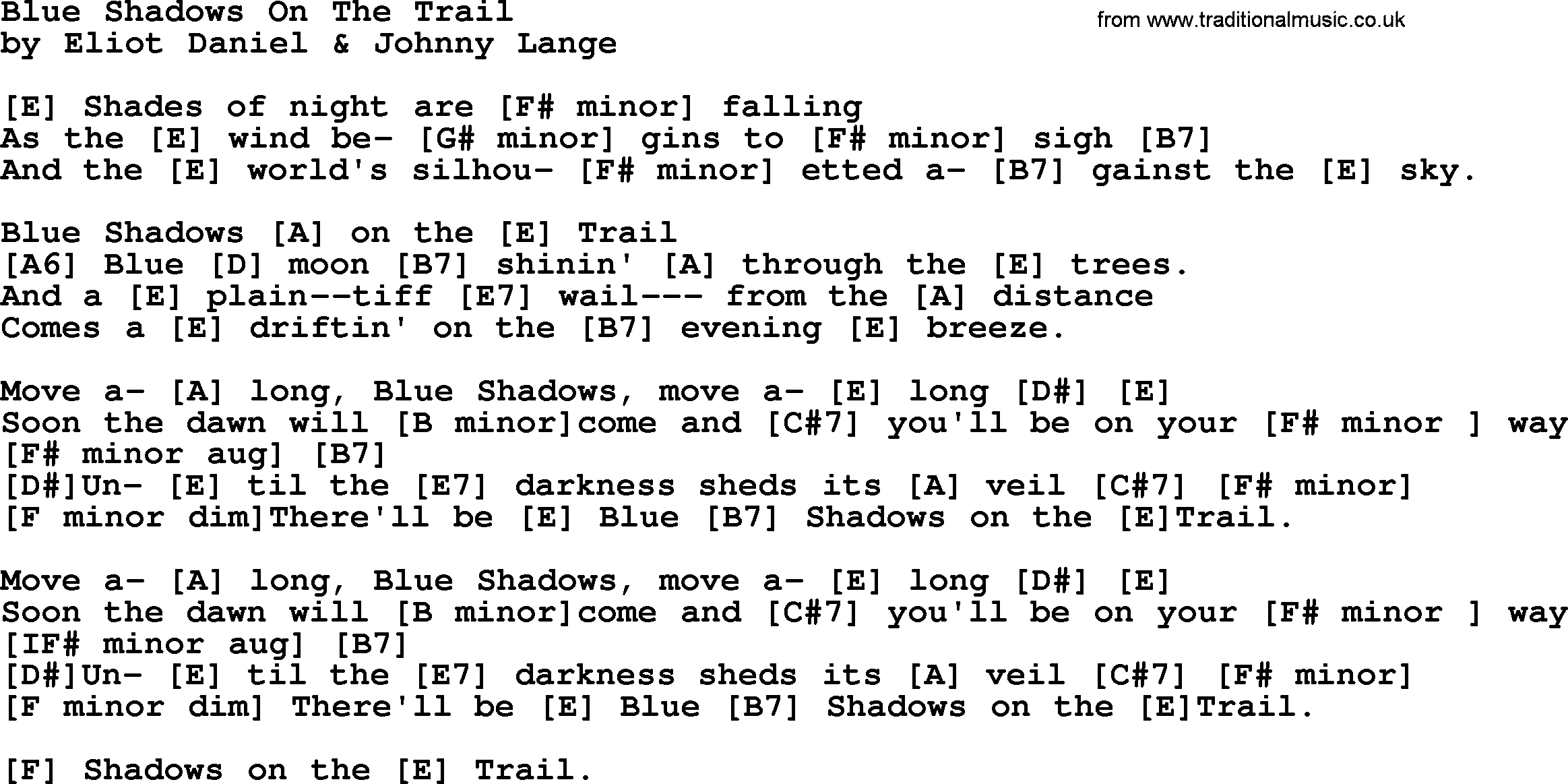 Bluegrass song: Blue Shadows On The Trail, lyrics and chords