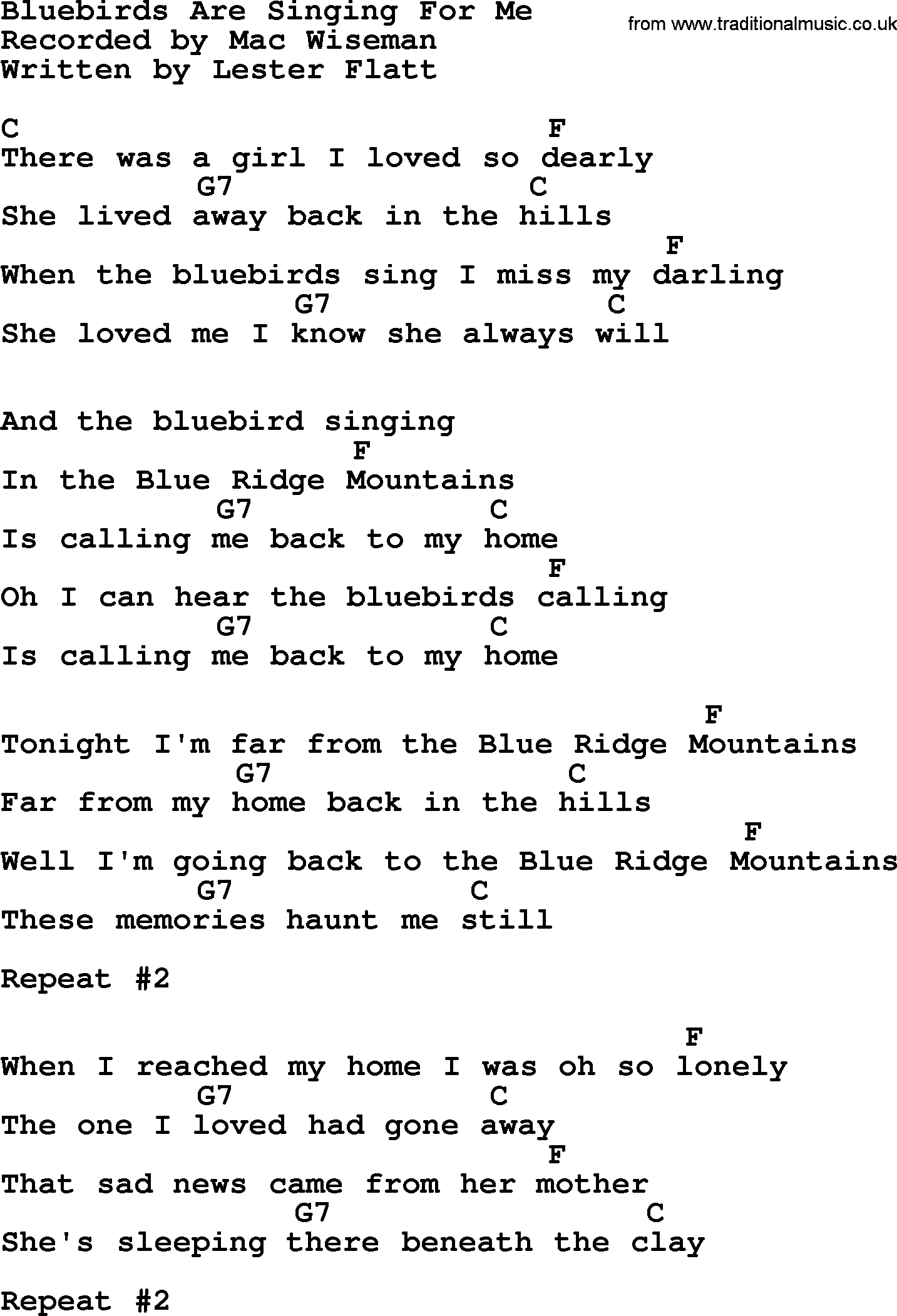 Bluegrass song: Bluebirds Are Singing For Me, lyrics and chords