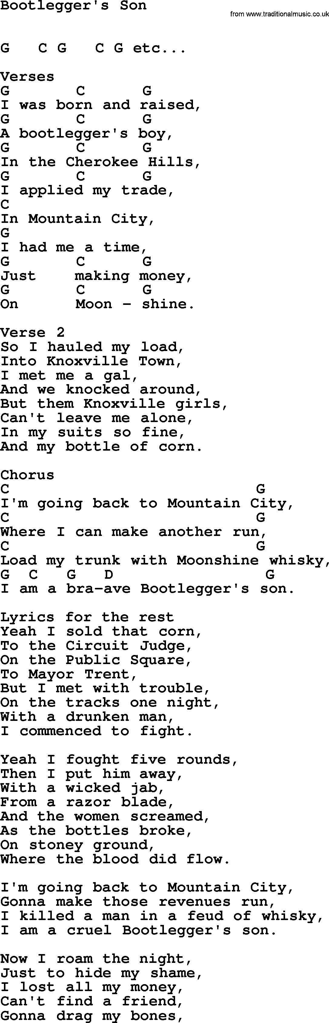 Bluegrass song: Bootlegger's Son, lyrics and chords