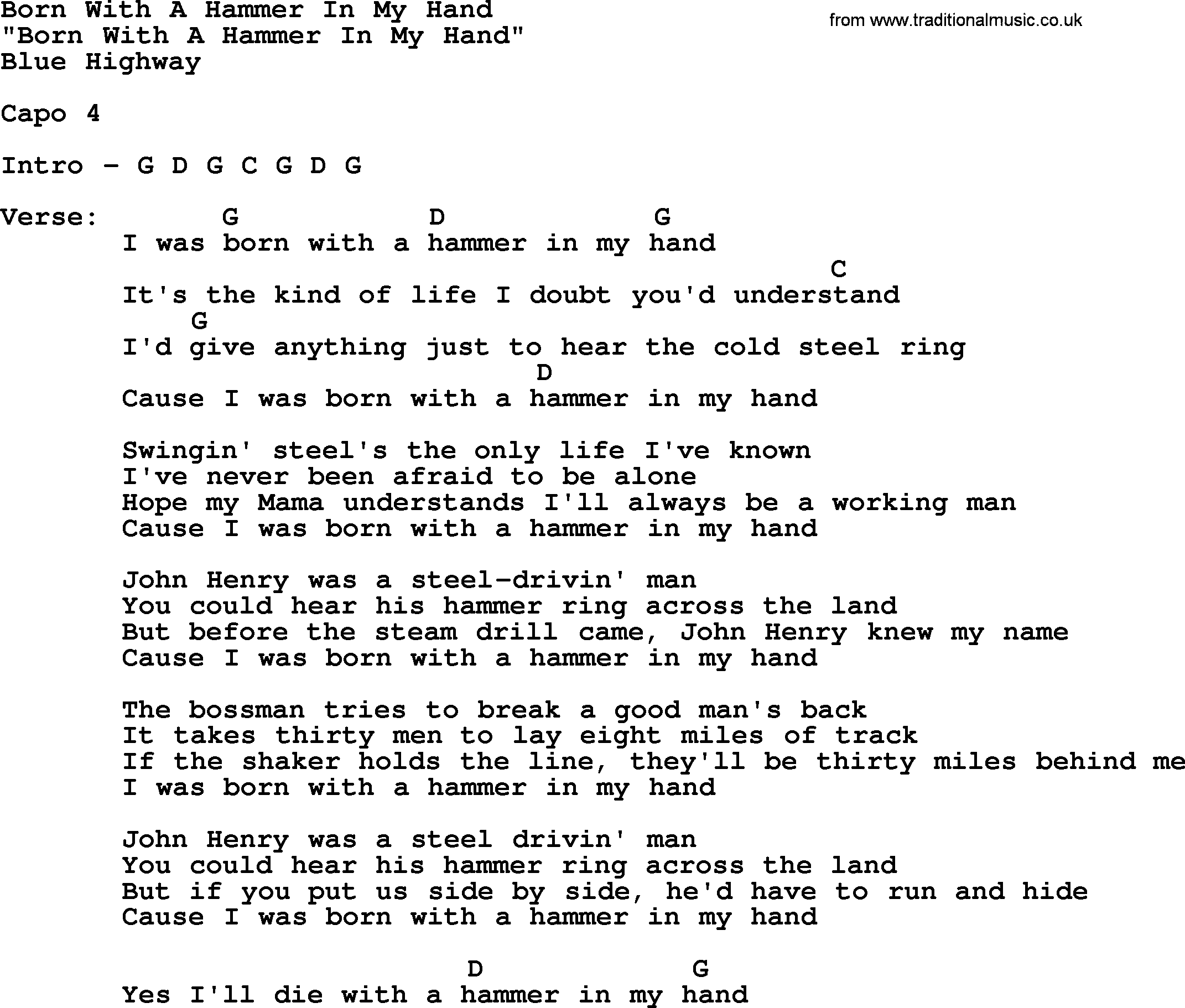 Bluegrass song: Born With A Hammer In My Hand, lyrics and chords